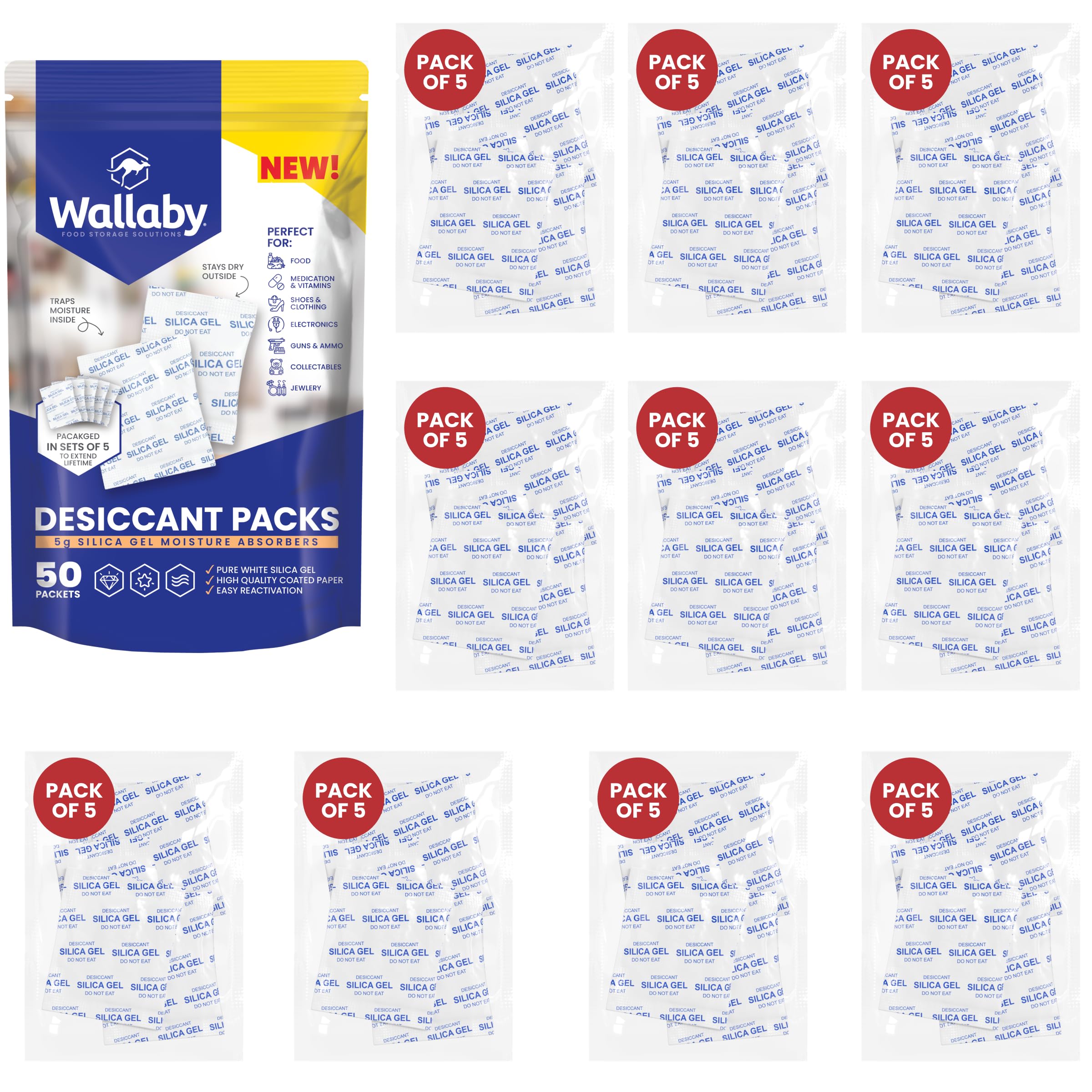 Wallaby 5 gram (50 Packets) Food Safe Pure White Silica Gel Desiccant Dehumidifier Packs - Rechargeable & Coated Moisture Absorbers - Protects Against Moisture Damage - (Packed in 10x Sets of 5)
