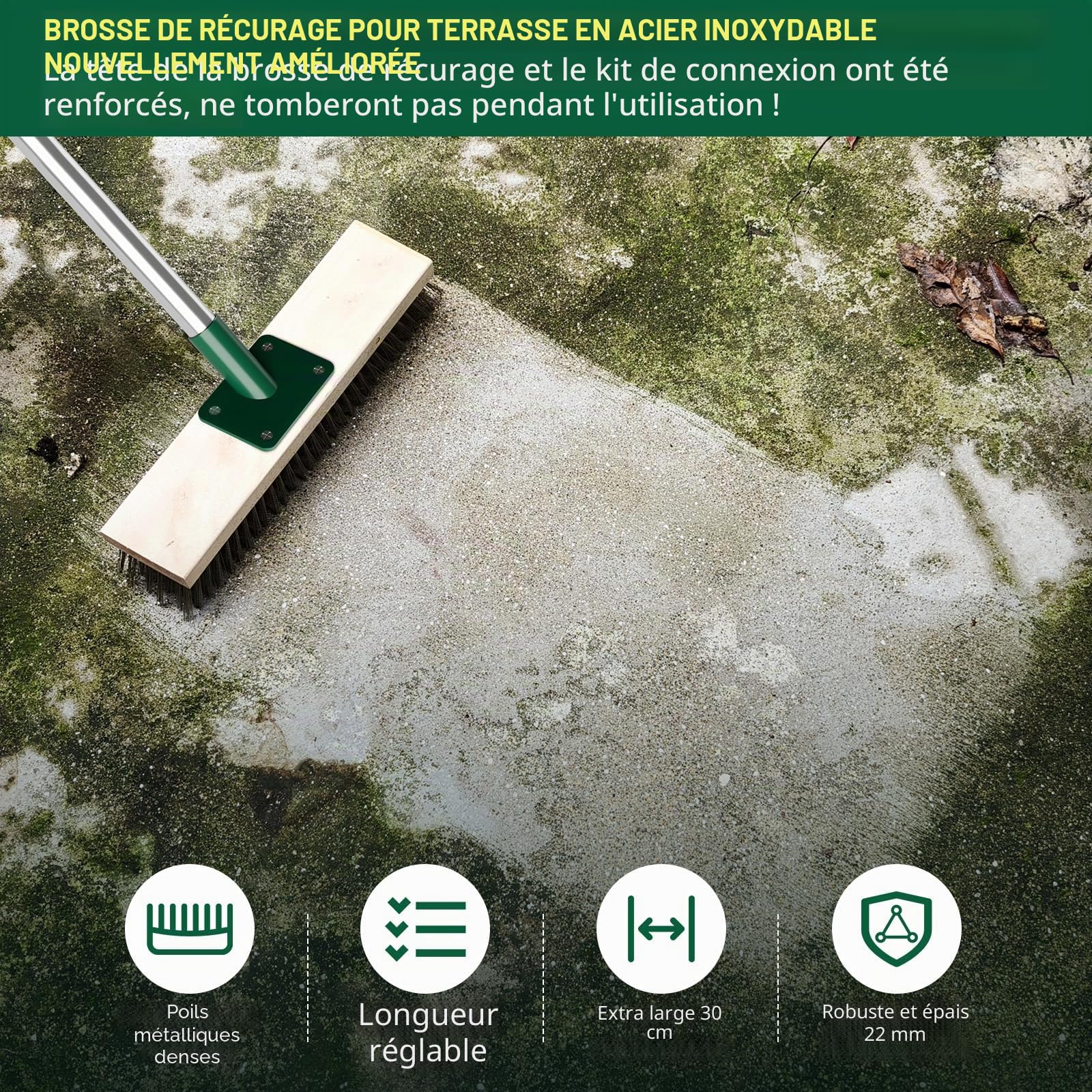 Balai Métallique Robuste avec Manche Télescopique 150cm pour Nettoyer Les algues de Mousse de Mauvaises Herbes sur Patio