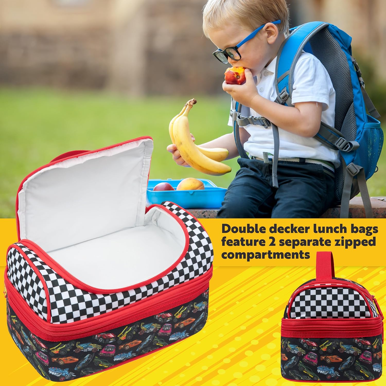 Get Trend Hot Wheels Lunch Bag Cute Insulated Lunch Box with Two Compartments for Picnic Snacks Cooler Bag Gifts for Kids (Multi Hot Wheels) - Image 2