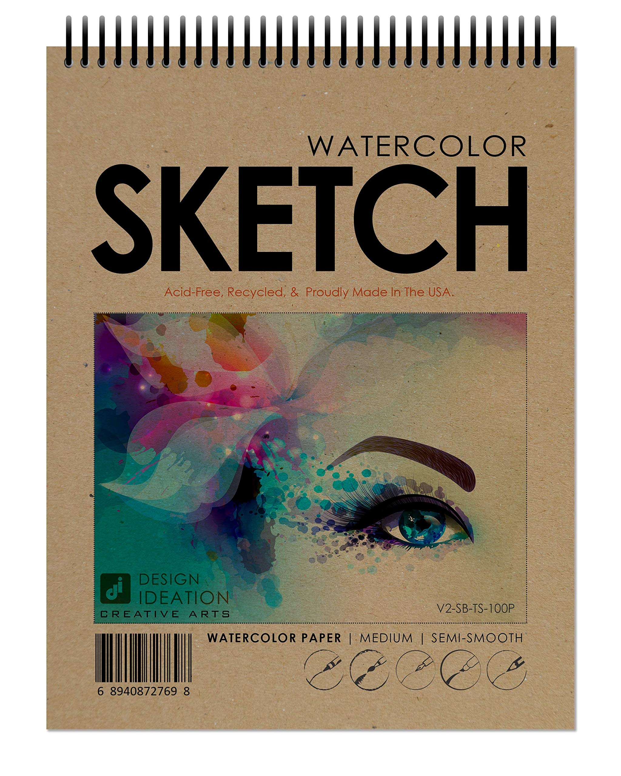 Watercolor Sketch Book. Spiral Bound, Watercolor Paper Sketchbook for Pencil, Ink, Marker, Charcoal and Watercolor Paints. Great for Art, Design and Education. (8.5" x 11")