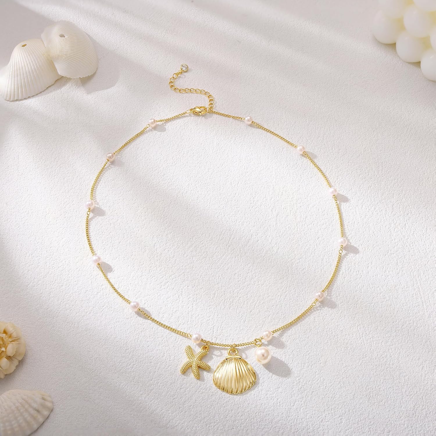 14K Gold Plated Shell Starfish Necklace for Women, Boho Beach Pearl Pendant Necklace, Hypoallergenic Waterproof Summer Jewelry for Vacation Daily Wear Gift