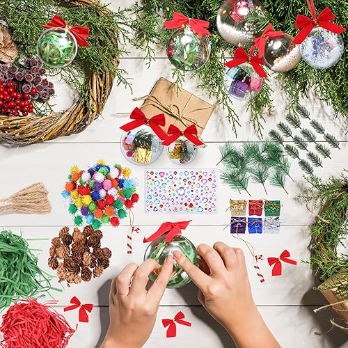 Miniatura 6 de Liliful Juego de 48 adornos de Navidad transparentes rellenables de 3.15/2.76/2.36/1.97 pulgadas, bolas de conos de pino y varios accesorios para