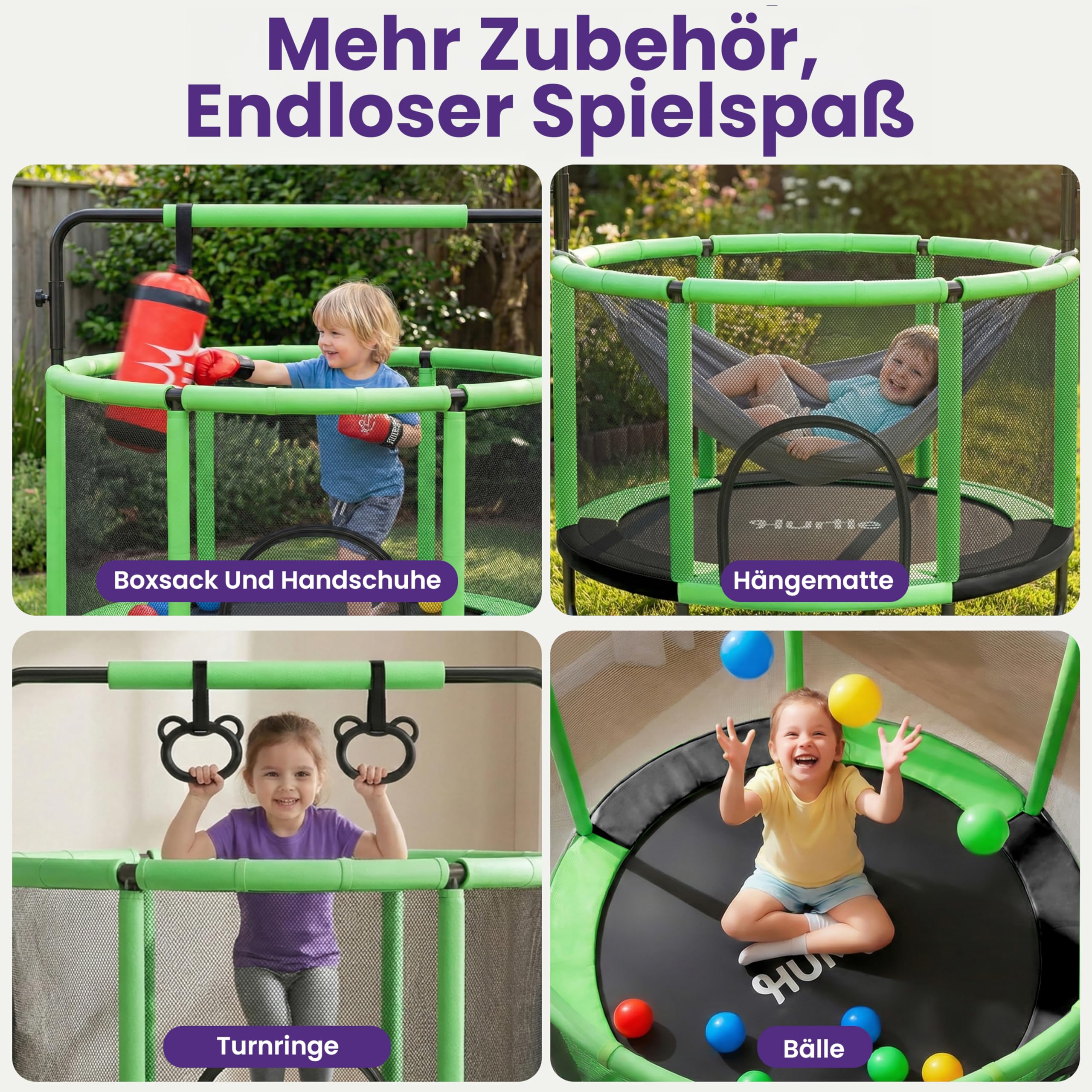 Hurtle Kindertrampolin - 140 cm mit Sicherheitsnetz – Trampolin Kinder Indoor Outdoor mit Haltestange, Schaukel, Ringe, Boxsack und Bällen bis 200 kg belastbar