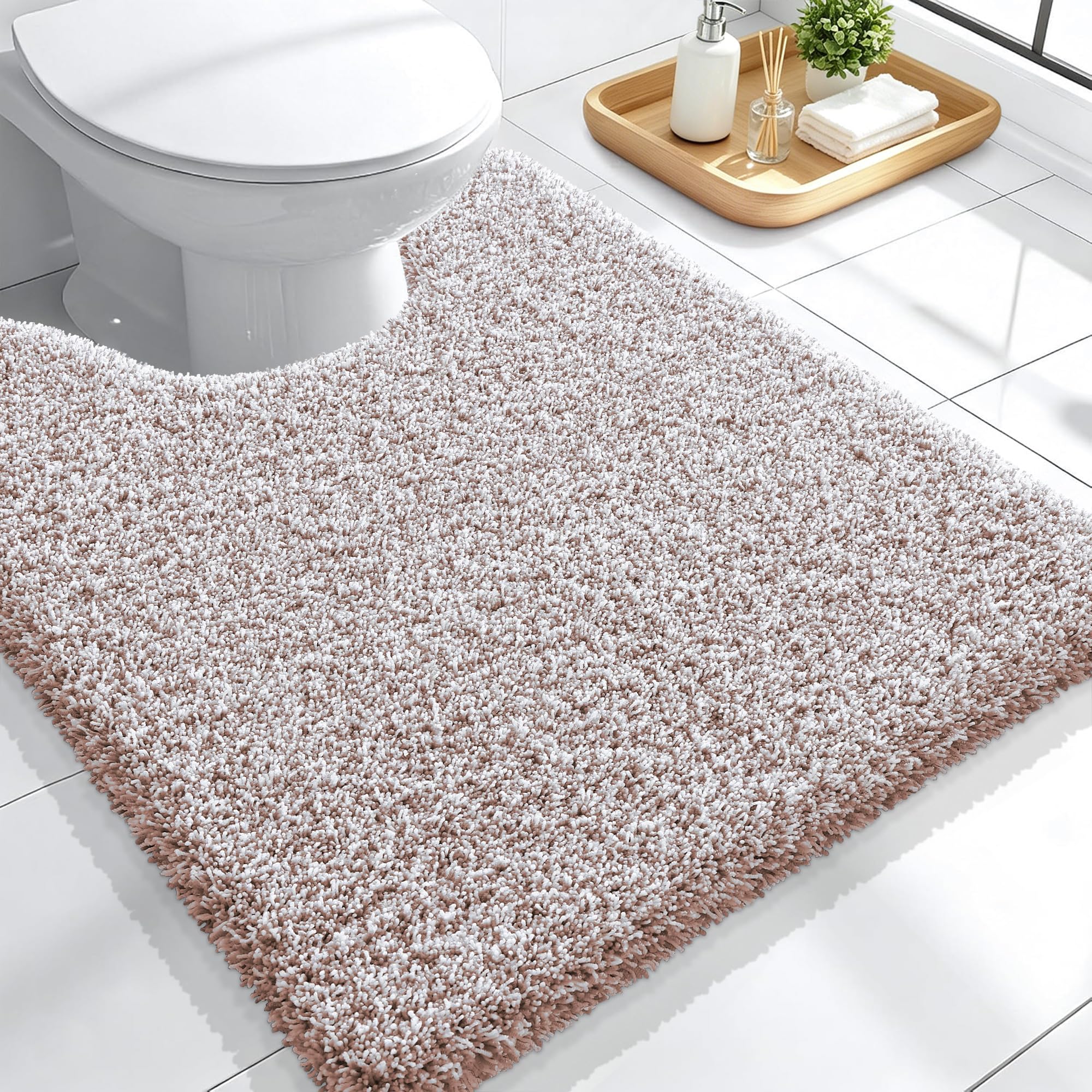 OLANLY Microfiber Bathroom Toilet Rugs U-Shaped Mat 24x20, Mocha and White