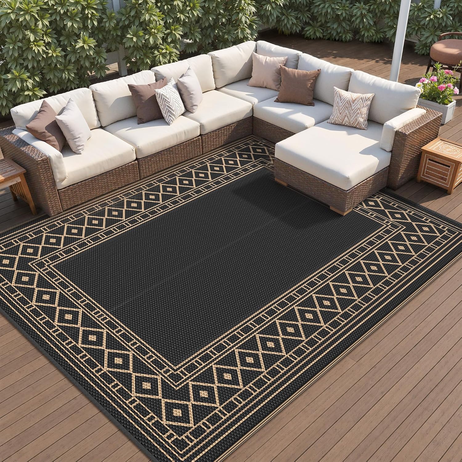 GENIMO Outdoor Rug, Waterproof Plastic Rugs for Patio, 8'x10' Black Brown