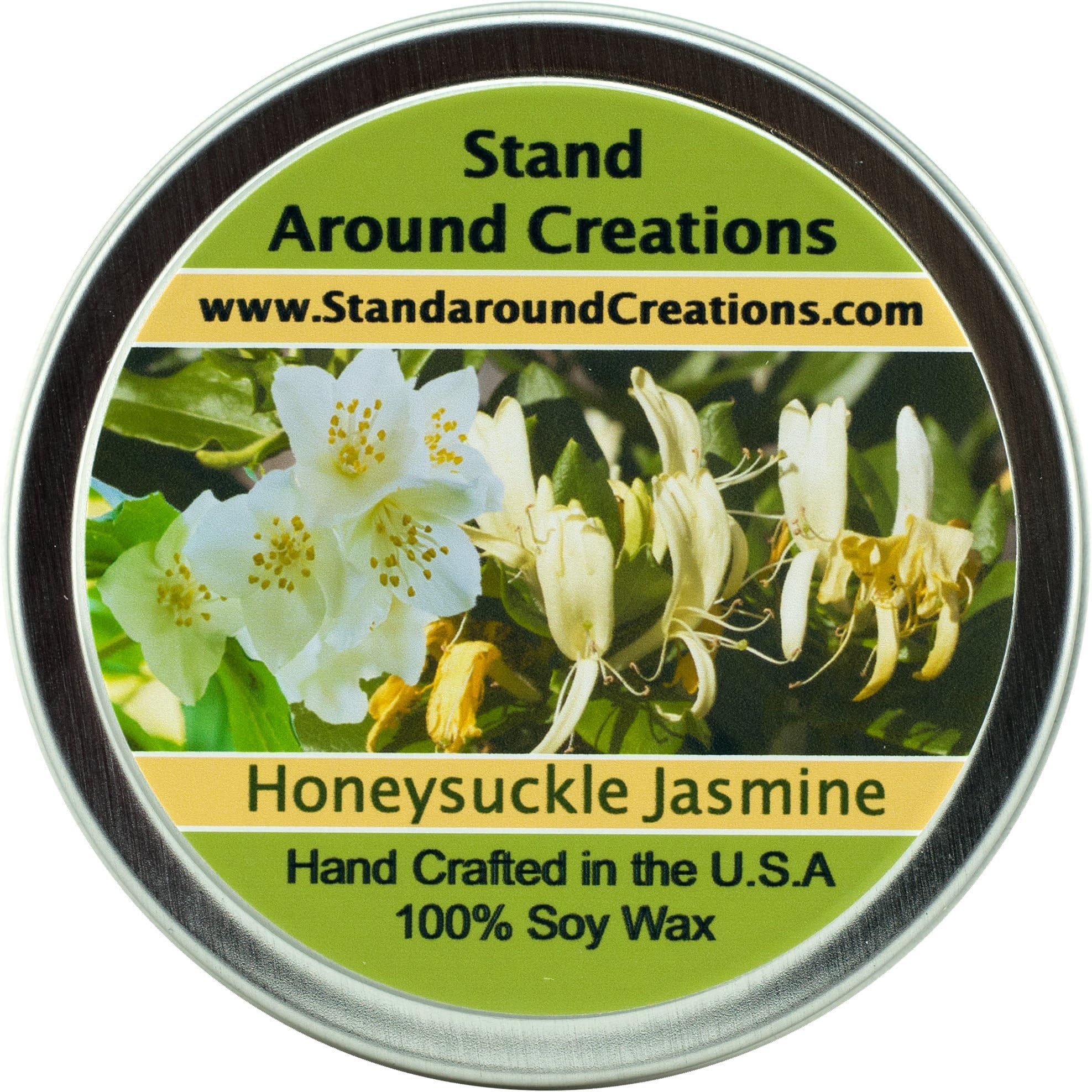 Premium 100% All Natural Soy Wax Aromatherapy Candle - 8 oz Tin Honeysuckle / Jasmine : Starts with a strong floral bouquet, adds hints of pear and cassis, and finishes with a sweet cotton candy note. This fragrance is infused with natural lemon, neroli, and petitgrain essential oils.