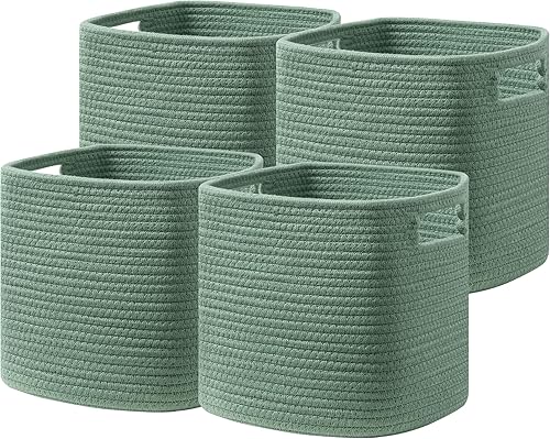 UBBCARE Juego de 4 cestas de almacenamiento de 13 x 13 x 13 pulgadas, cesta de cuerda de algodón para estantes, juguetes, libros, cubos de
