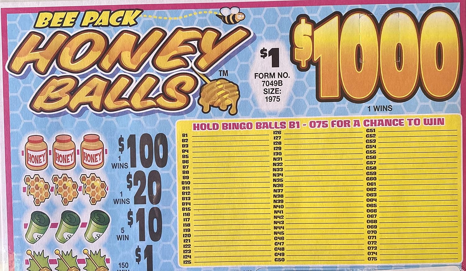 Bee Pack Assorted $1,000 Bingo Pull Tabs Game, Seal Card
