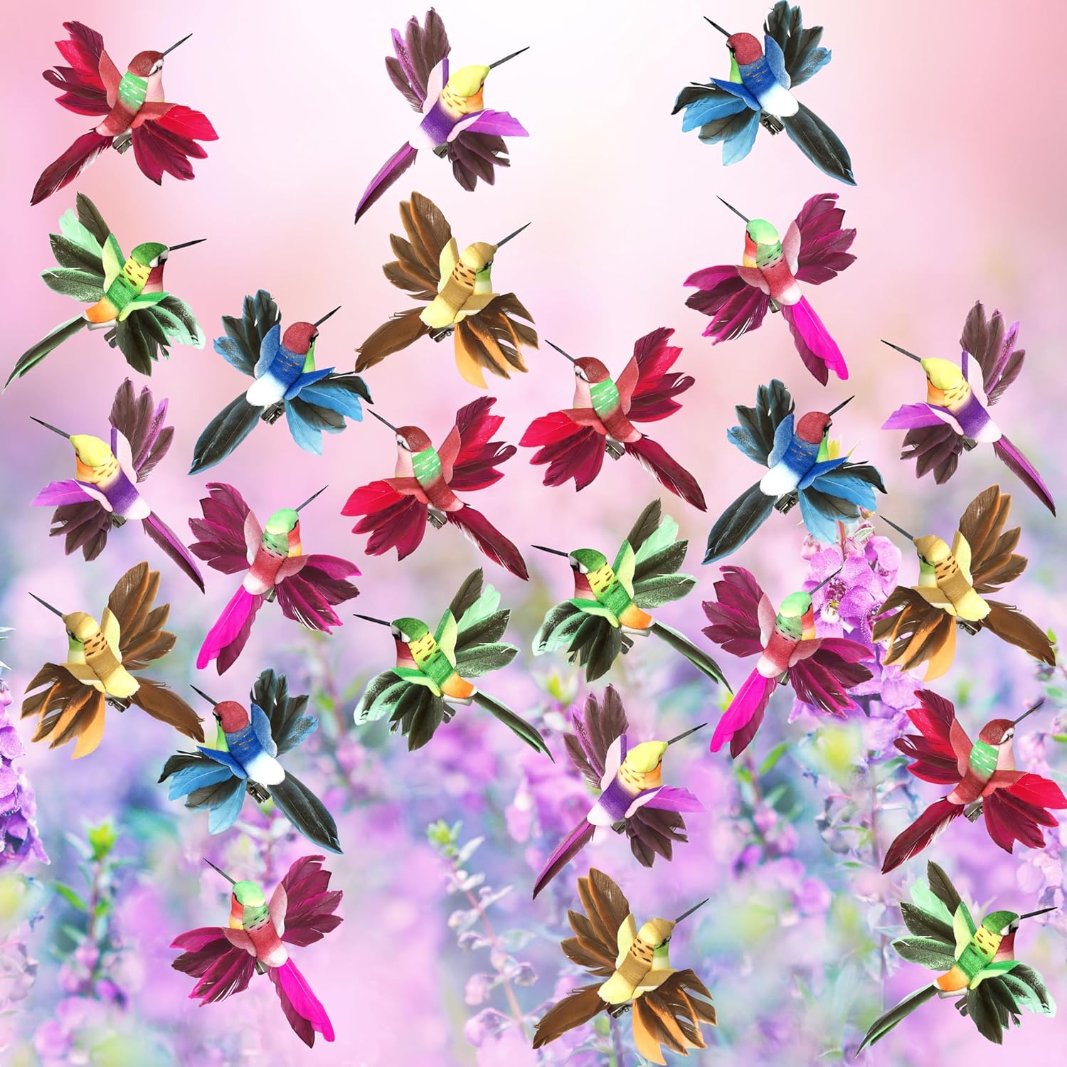 Hummingbird Clip-On Decorations - Set of 24 - Wings Spread - Assorted Colors - Silver Clips Attached - Home Décor - Craft Birds - Holiday Decorations - 4.5" L X 4" W