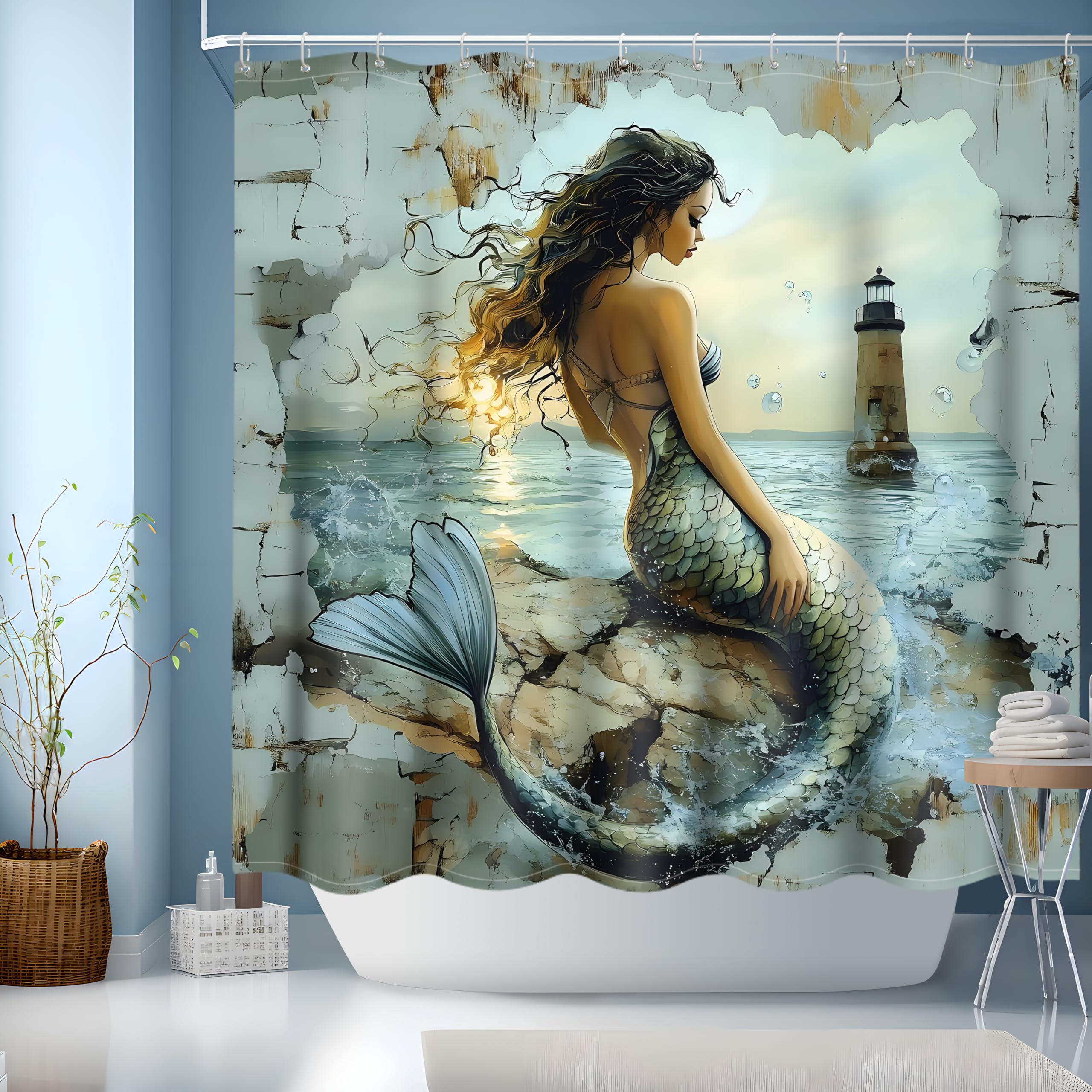 JINGYOU Mermaid Shower Curtain,Nautical Bath Curtain Washable Polyester Fabric Retro Printed Bathroom Curtains with 12 Hooks for Bathroom/Wet Room/Kids Shower Stall,180 x 180 cm