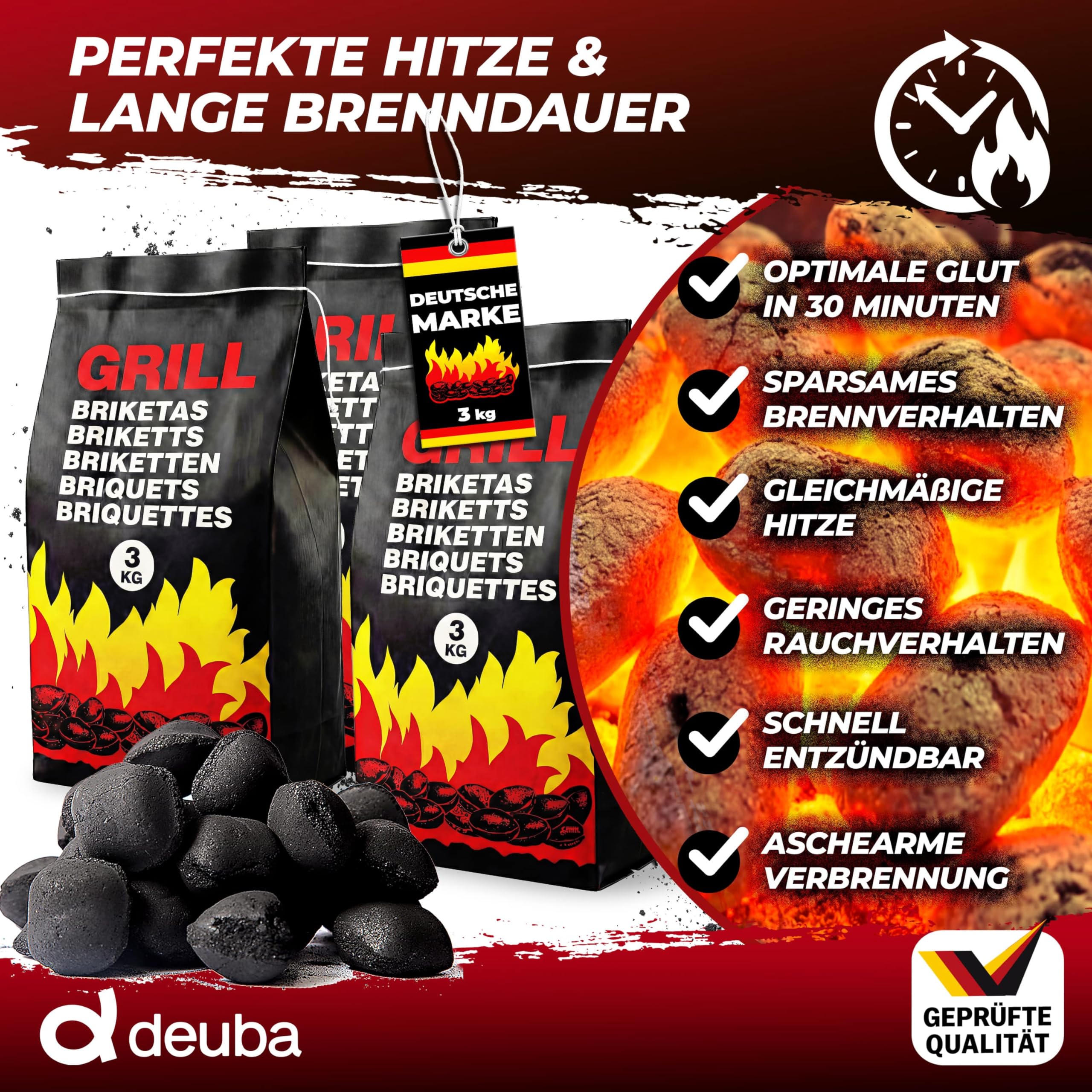Deuba 18kg Briquetas de carbón Vegetal para Barbacoa Grill Parrilla 6x3kg Bajo en Humo y Chispas, Negro