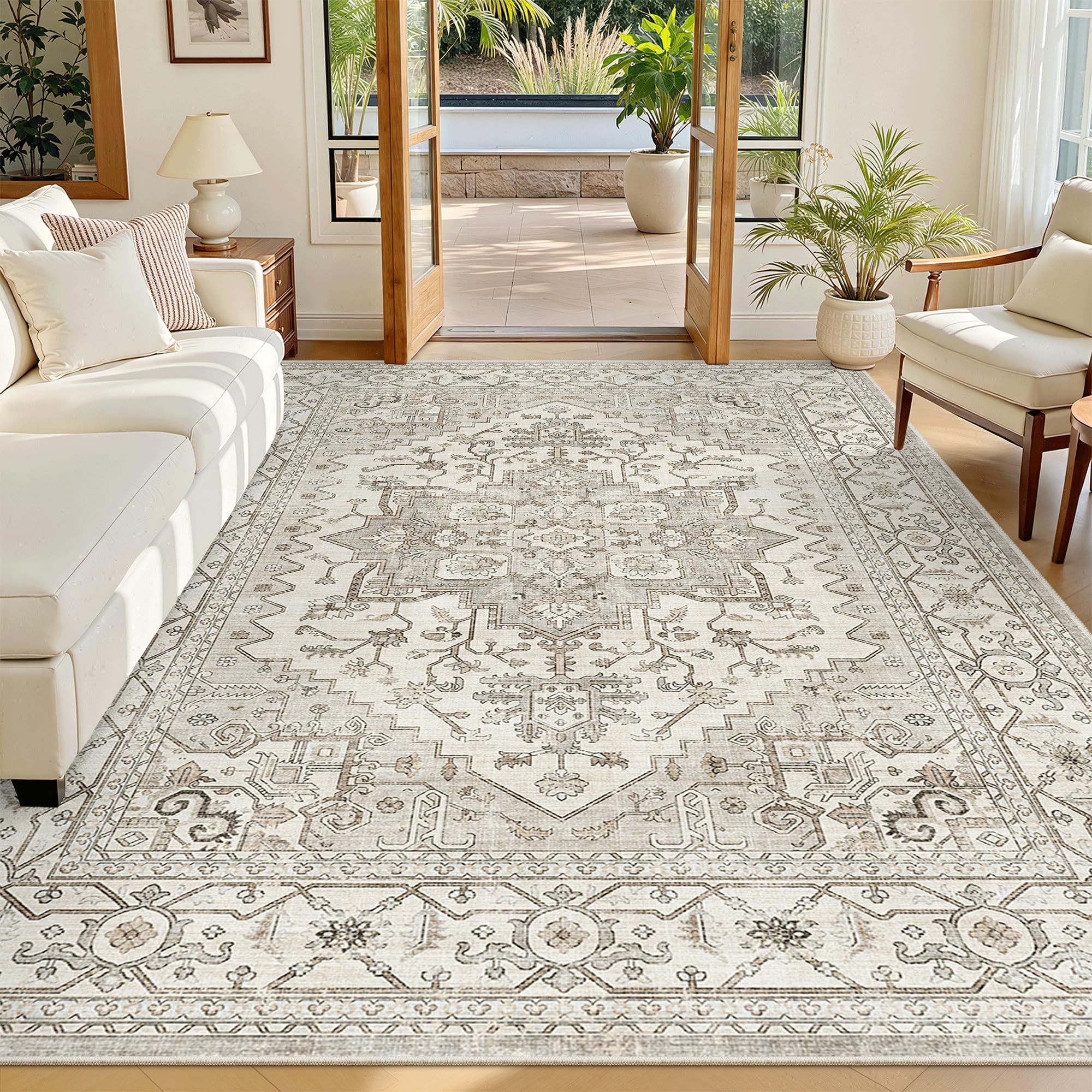 Madane 6x9 Area Rugs for Living Room, Stain Resistant Washable Rugs, Non-Slip Backing Area Rug, Vintage Home Decor Rug for Bedroom (Beige/Brown, 6'x9')
