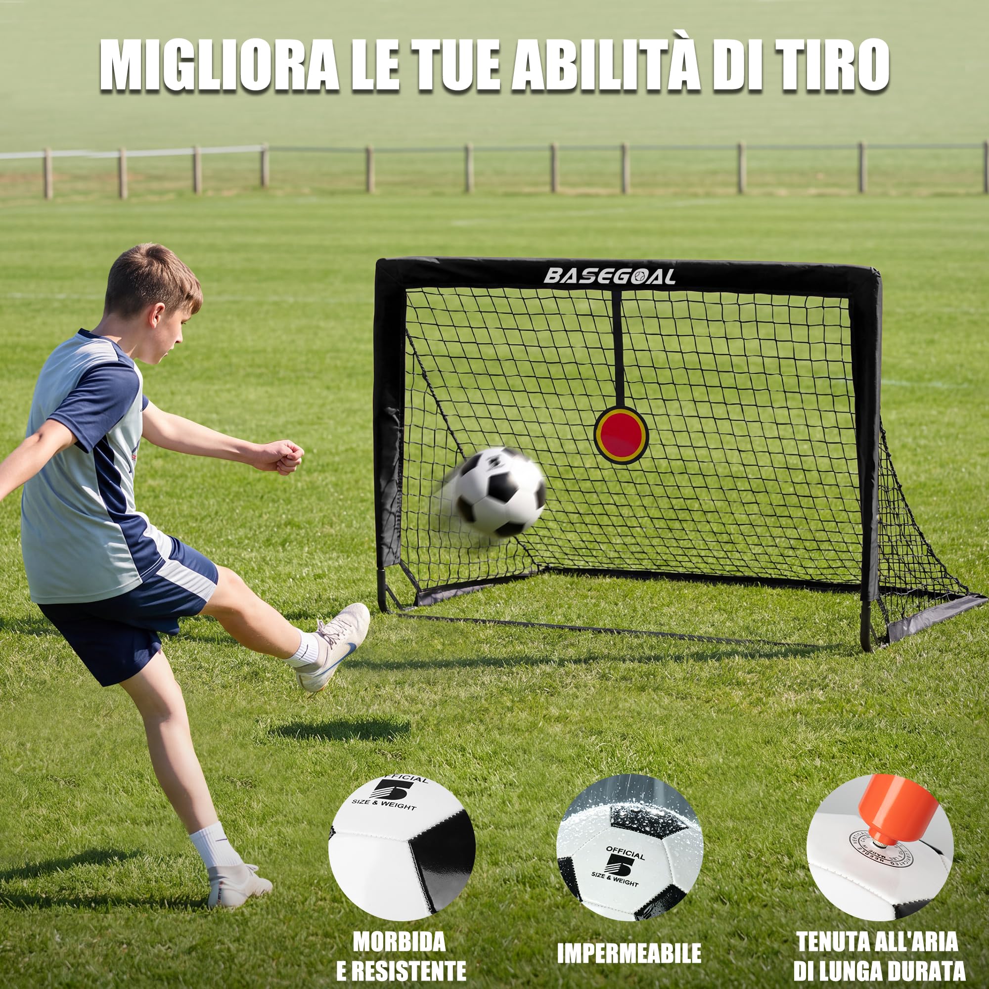BaseGoal Set di 2 Porte da Calcio per Giardino 120x90cm con Calcio n. 5 | Porta da Calcio Adolescenti con Aste In Fibra di Vetro, Reti di Alta Qualità, Bersaglio, Coni da Calcio e Cono a Forma di U