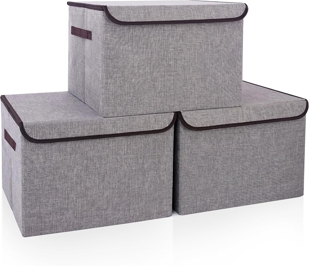 Contenedores de almacenamiento apilables plegables grandes de 17 pulgadas y 42 cuartos de galón con tapas [paquete de 3] cajas de almacenamiento plegables de tela de lino, cestas organizadoras de armario con etiqueta para el hogar (16,7 x 12 x 12, gris)