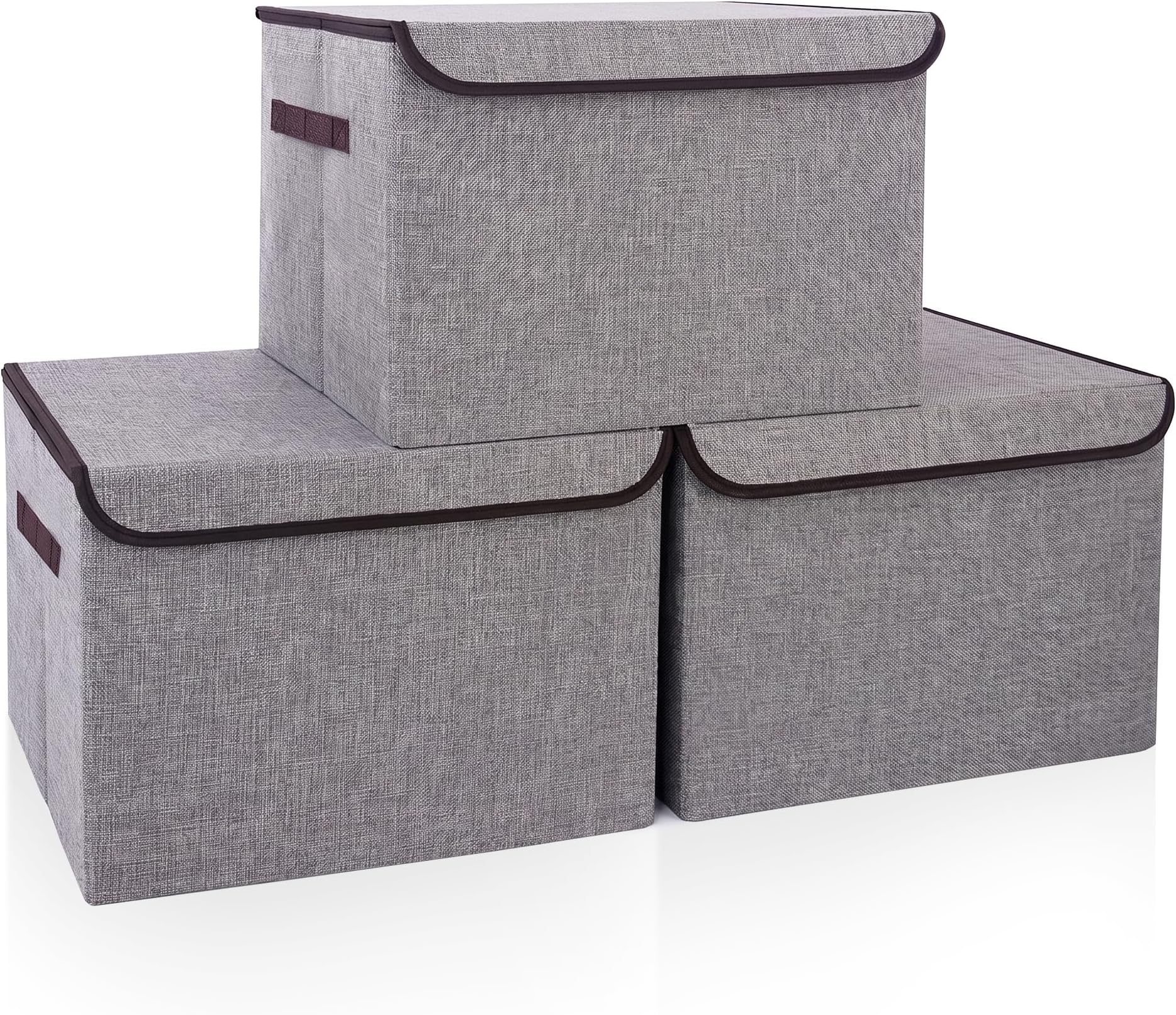 Bagnizer Large 17" 42 Quarts Collapsible Stackable Storage Bins with Lids [3-Pack] Foldable Fabric Linen Storage Boxes Cube, Closet Organizer Baskets with Label for Home (16.7 x 12 x 12, Gray)