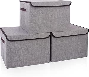 Bagnizer 17" 42 Quarts Collapsible Stackable Storage Bins with Lids (3-Pack), Gray