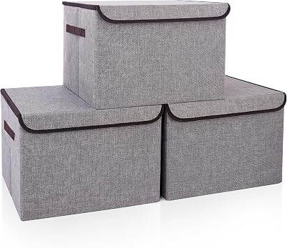 Bagnizer Large 17" 42 Quarts Collapsible Stackable Storage Bins with Lids [3-Pack] Foldable Fabric Linen Storage Boxes Cube, Closet Organizer Baskets with Label for Home 16.7 x 12 x 12, Gray