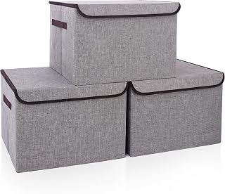 Bagnizer Large 17" 42 Quarts Collapsible Stackable Storage Bins with Lids [3-Pack] Foldable Fabric Linen Storage Boxes Cube, Closet Organizer Baskets with Label