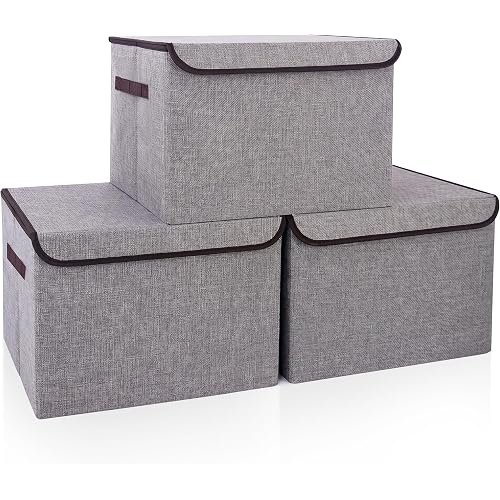 Bagnizer Large 17" 42 Quarts Collapsible Stackable Storage Bins with Lids [3-Pack] Foldable Fabric Linen Storage Boxes Cube, Closet Organizer Baskets with Label for Home (16.7 x 12 x 12, Gray)