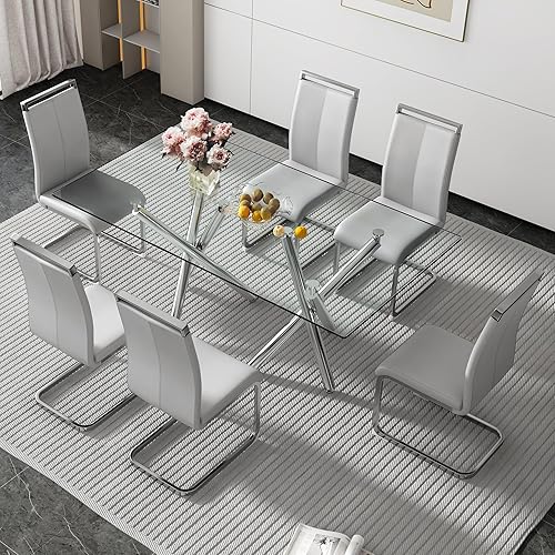 Juego de 6 mesas de comedor de cristal, moderno juego de mesa de comedor de vidrio templado rectangular transparente de 71 pulgadas y 6 sillas de