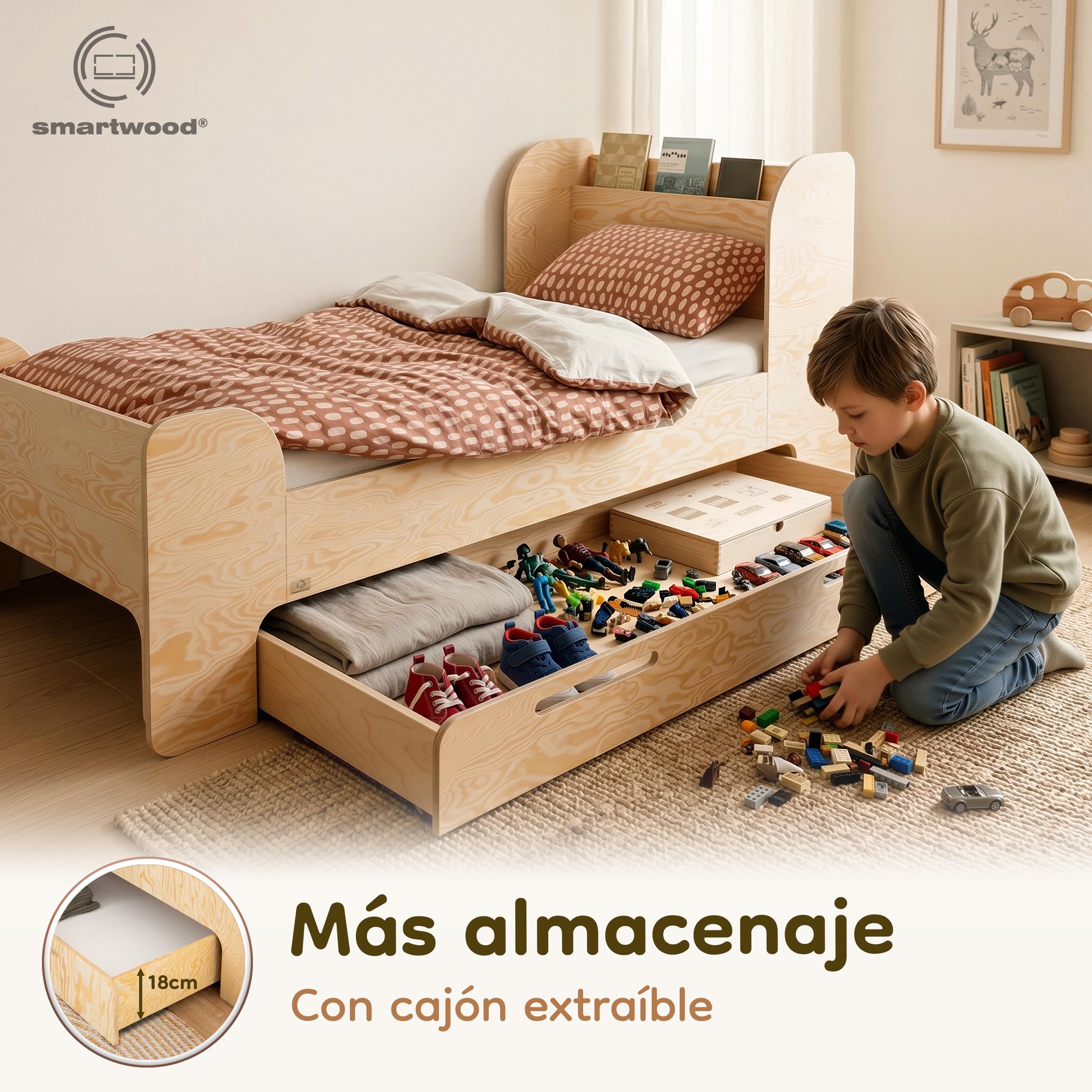 smartwood Cama Infantil 90x190 cm con Cajón, en Madera de Pino, Flou D | incl. Cajón, Cabecero con Estante, Somier hasta 230 kg, en Madera de Pino FSC, Cama Juvenil para Niñas & Niños desde 3 años