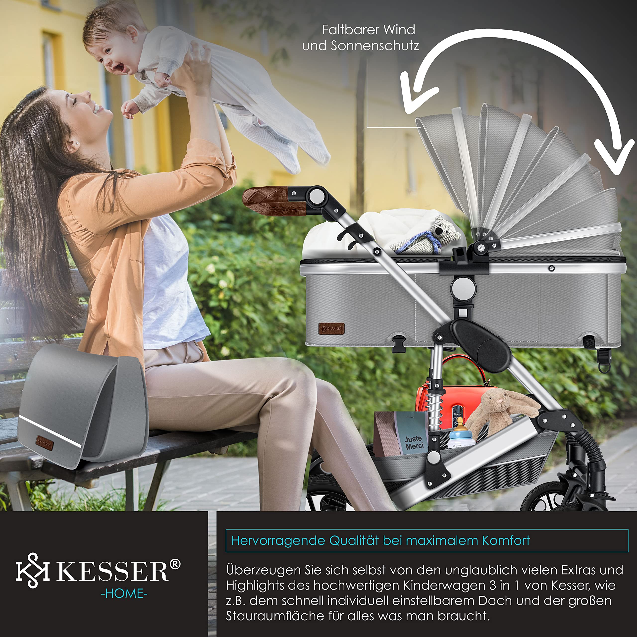 KESSER® Carrozzina 3in1 Loops, Carrozzina Combinata con navicella, Seggiolino sportivo, Seggiolino auto, Borsa Fasciatoio, Parapioggia, Tavolino per Bambini, Grigio/Argento