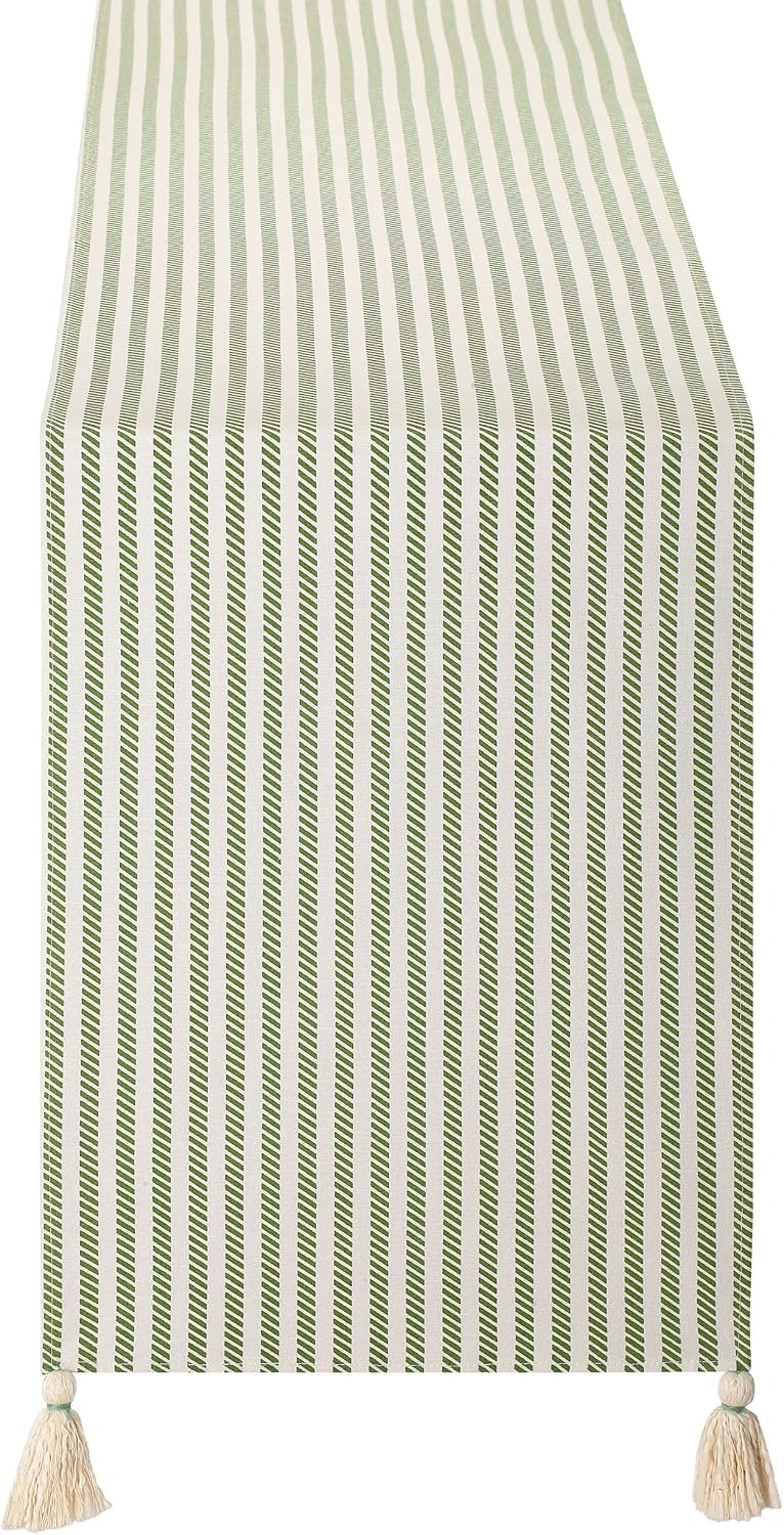 Folkulture Table Runners with Tassels for Home Dining Table, Farmhouse Style Décor or Kitchen, 100% Cotton Boho Table Cover for Rustic Wedding Decoration, 14 x 108 Inches Long, Light Olive Stripe