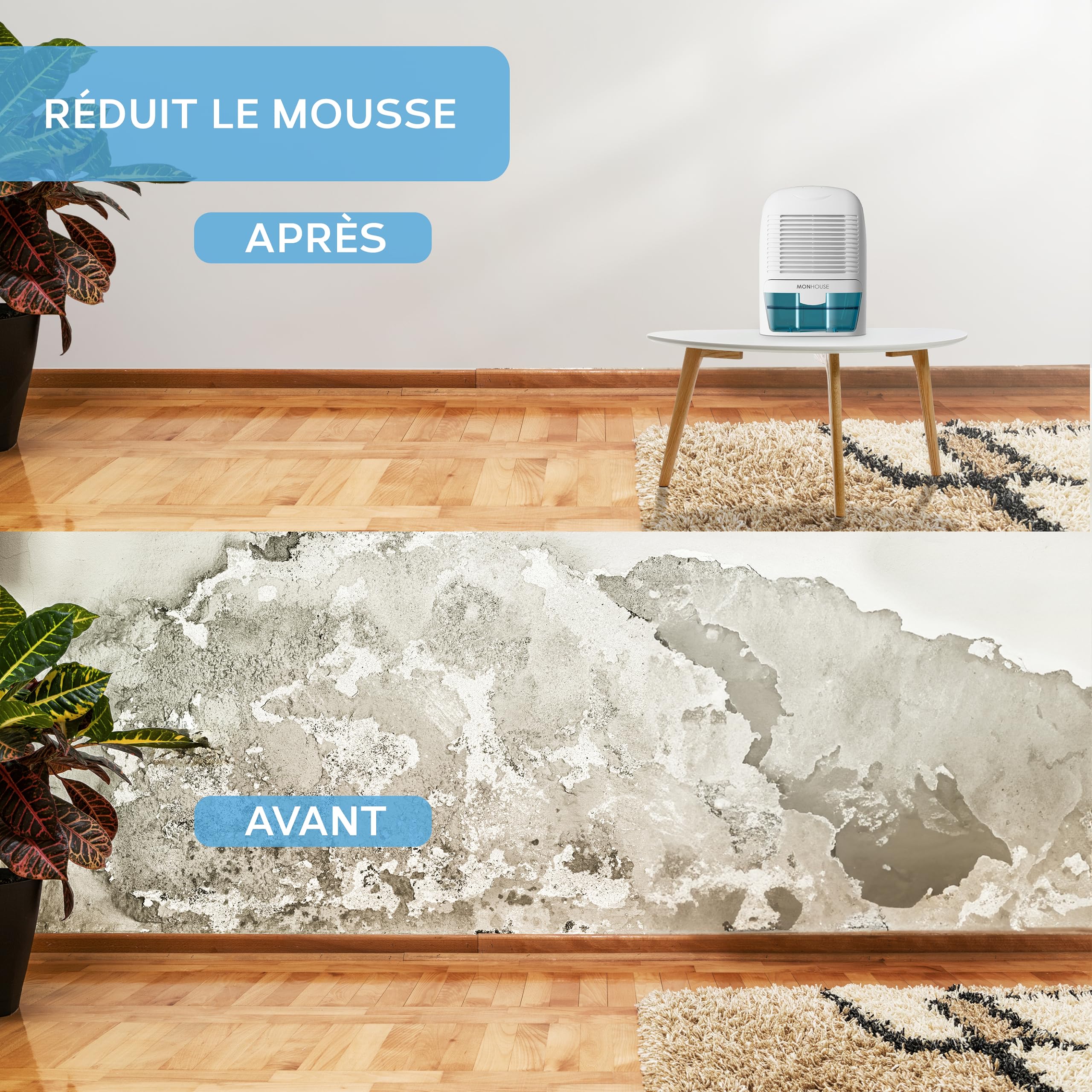 MONHOUSE Deshumidificateur 1500 Ml Absorbeur D humidite Portable - Mini Deshumidificateur D air Pour La Maison, La Chambre A Coucher, La Voiture, Le Bureau - Demoulant electrique - Blanc Et Bleu