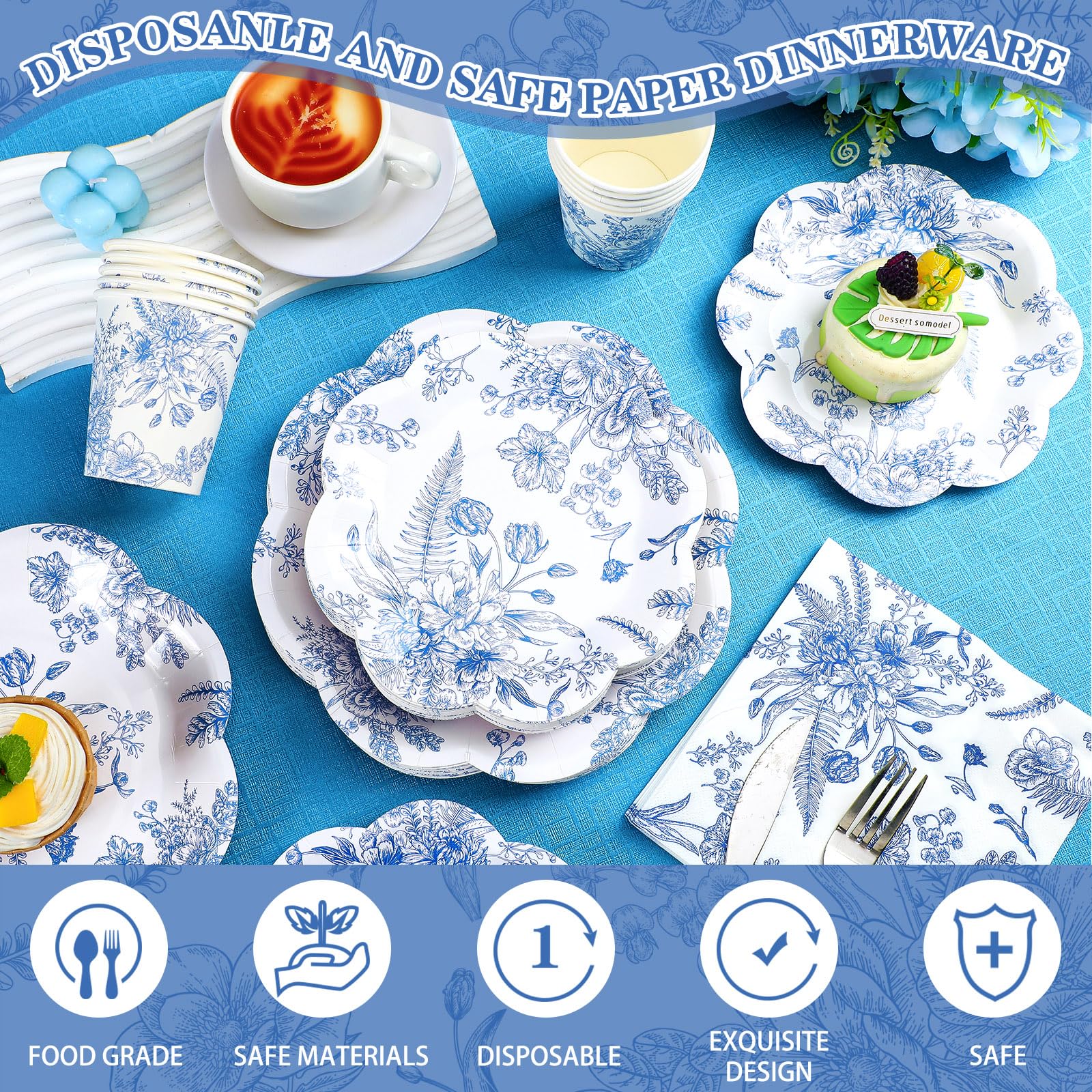 Snapklik.com : 250 Pcs Blue Floral Disposable Plates And Napkins Blue ...