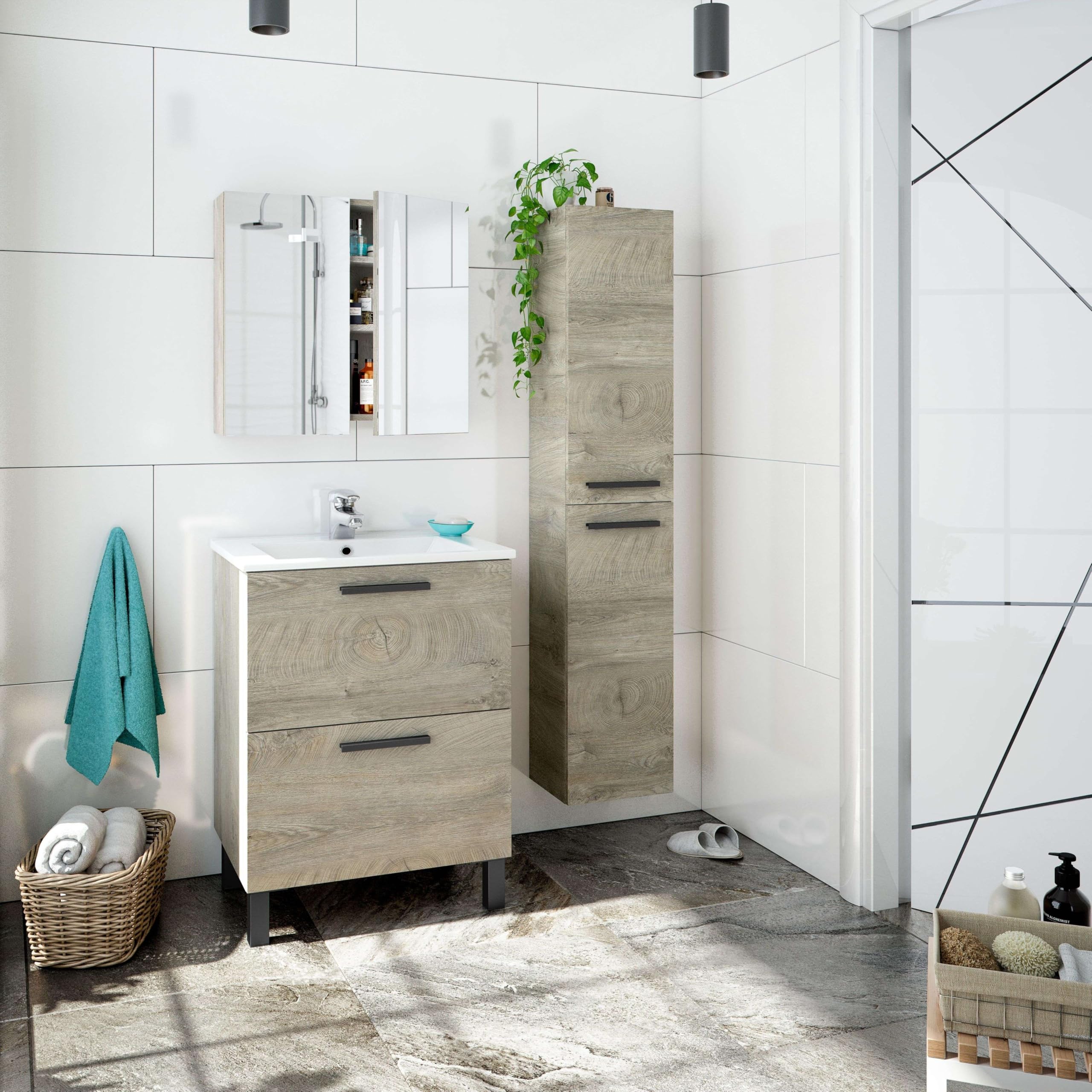ARKITMOBEL Athena Columna de Baño Suspendida, 2 Puertas, Roble Alaska, Grande