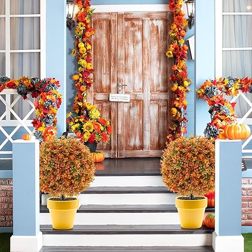 Miniatura 9 de Paquete de 4 bolas topiarias de flores artificiales con picos de tierra, resistentes a los rayos UV, boj naranja para exteriores, plantas para