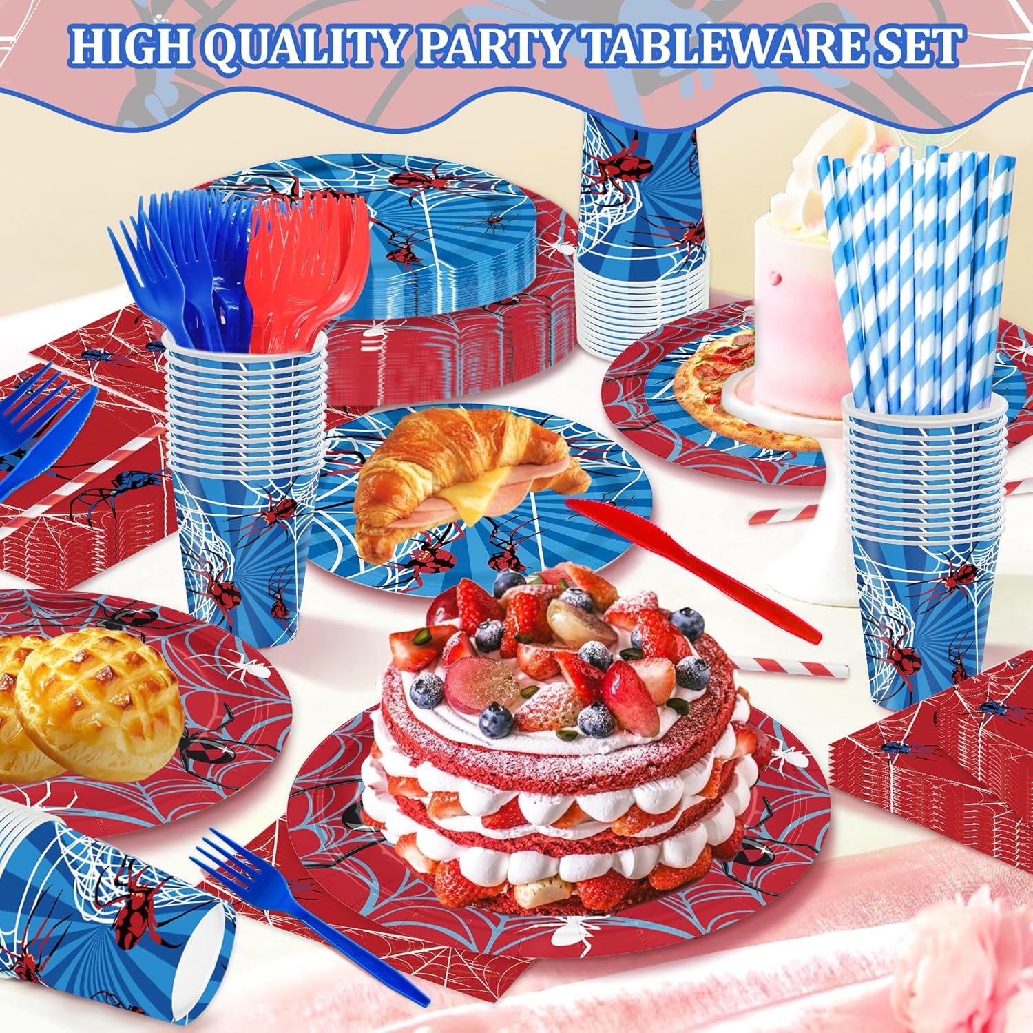 168PCS Spider Birthday Party Supplies for Boys Cartoon Spider Web Themed Party Decorations Blue and Red Paper Plates Disposable for Dinner Baby Shower Tableware 24 Guests