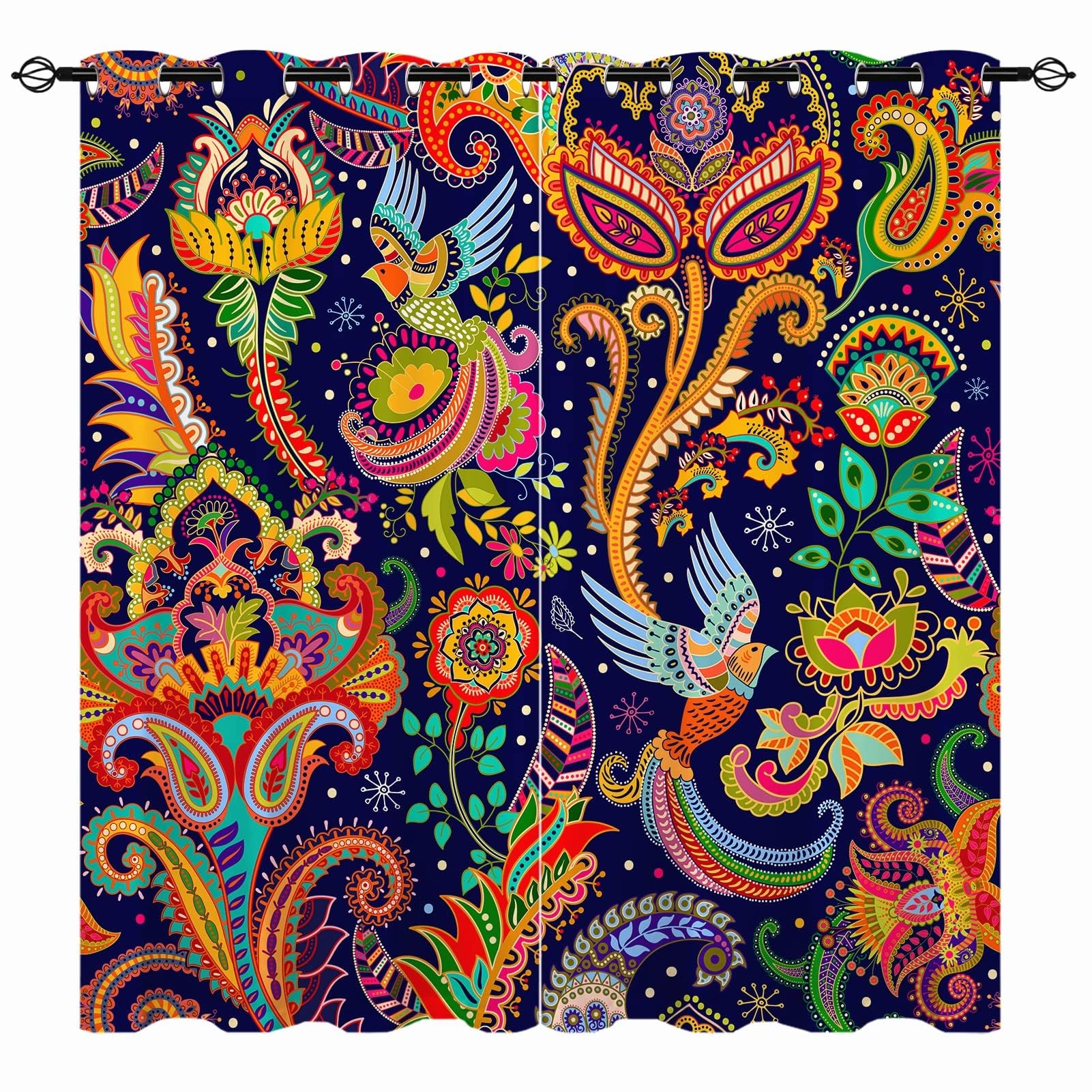 YUANZU Floral Birds Curtains - Colorful Paisley Indian Style Decorative Elements Print Pattern Eyelet Blackout Thermal & Room Darkening Window Drapes for Bedroom Living Room 2 Panels W106cm x D160cm — image 1