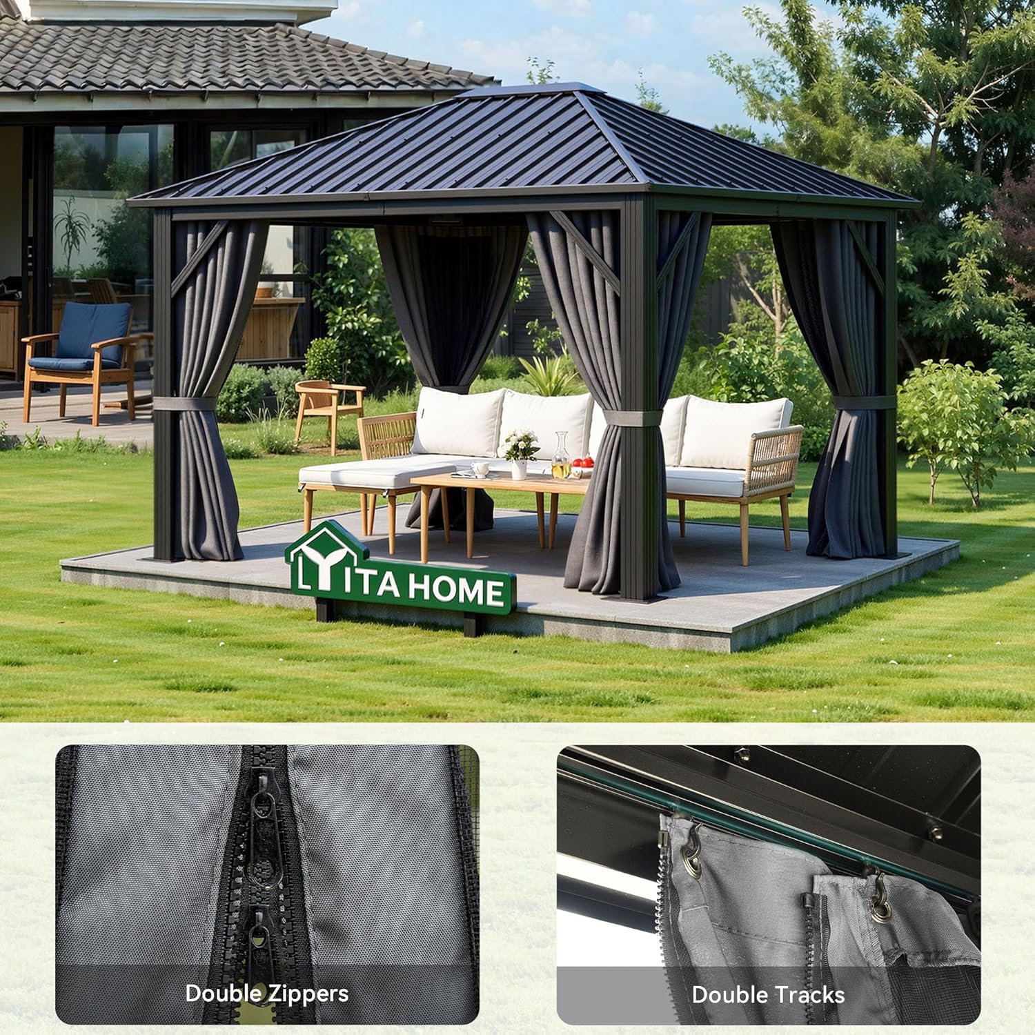 YITAHOME 10X12FT Single Hardtop Metal Gazebo Top Outdoor Patio Canopy Galvanized Iron Aluminum Column Garden Tent Curtains Netting for Backyards Decks Lawns,Gray