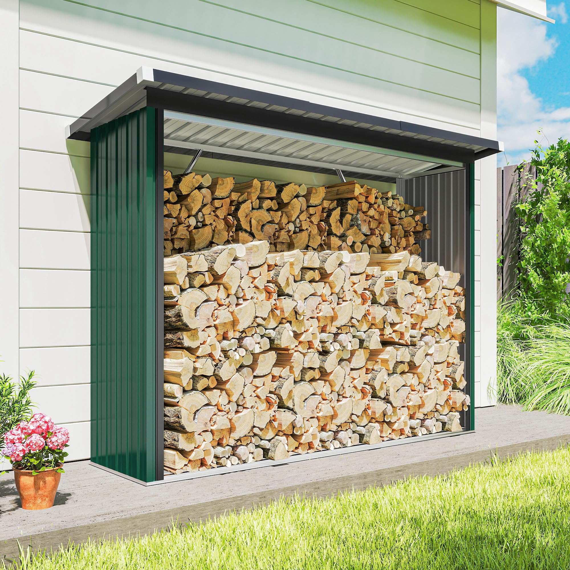 Outsunny Albero Coperto Acciaio Zincato Supporto Legna Riscaldamento 213 x 66,5 x 150 cm Verde