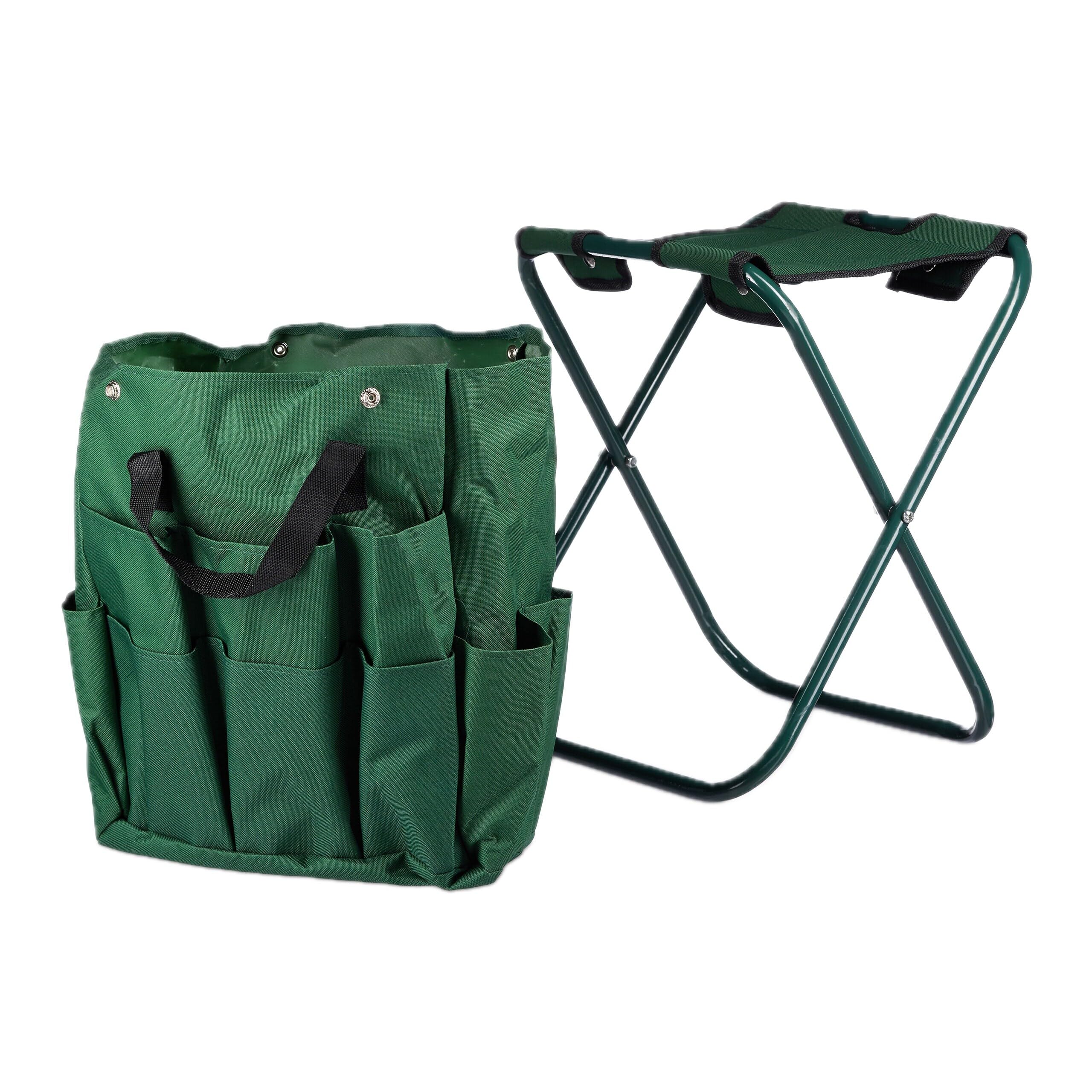 Relaxdays 10020714 Tabouret porte-outils de jardinage 16 poches et compartiment intérieur pliable HxlxP: 42 x 30 x 39 cm, vert