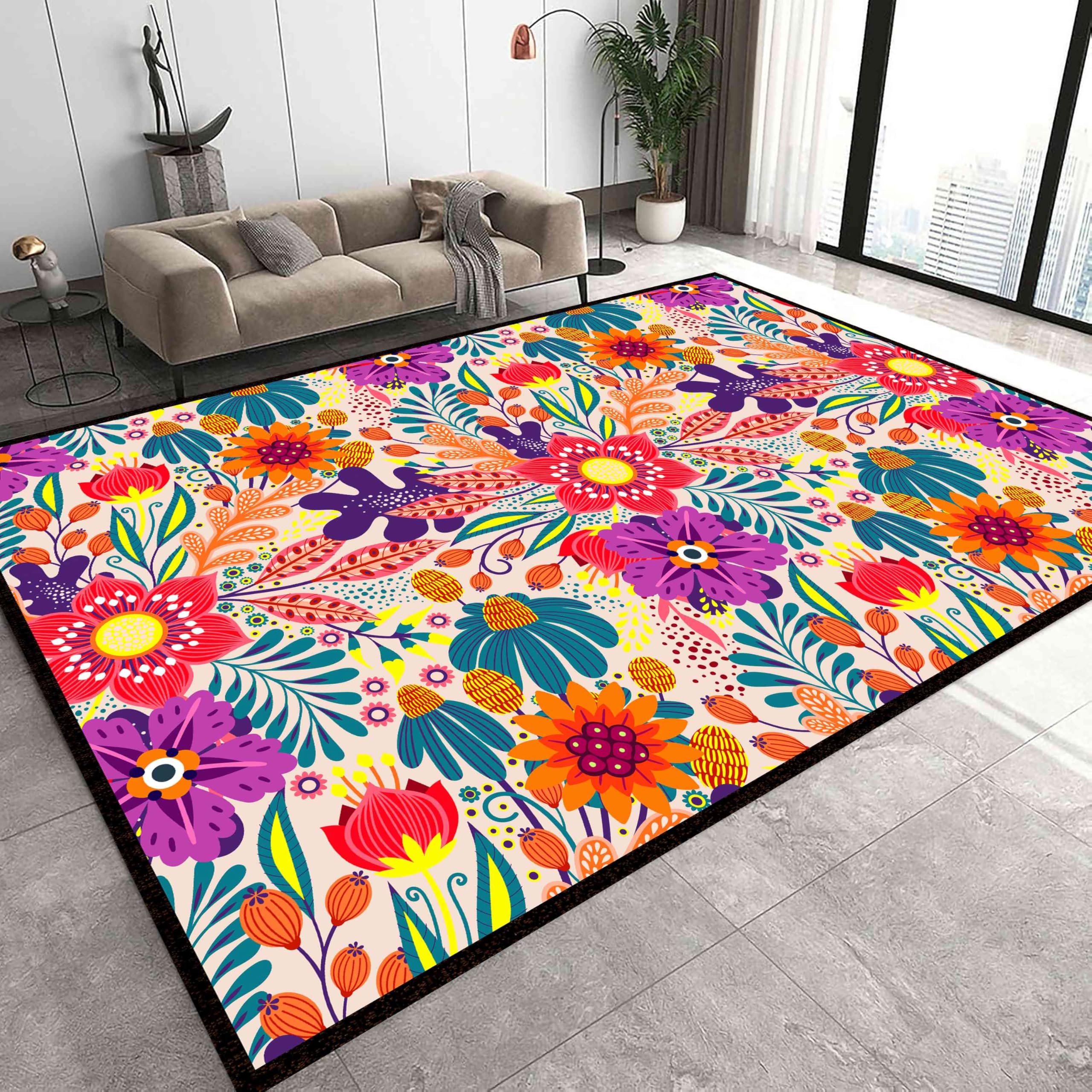 Vintage Floral Area Rug, 180x260cm, Bohemian Colorful Flowers Beautiful Indoor Large Rug, Non-Slip Durable Machine Washable Rugs Perfect for High Traffic Areas for Living Room Bedroom Nursery