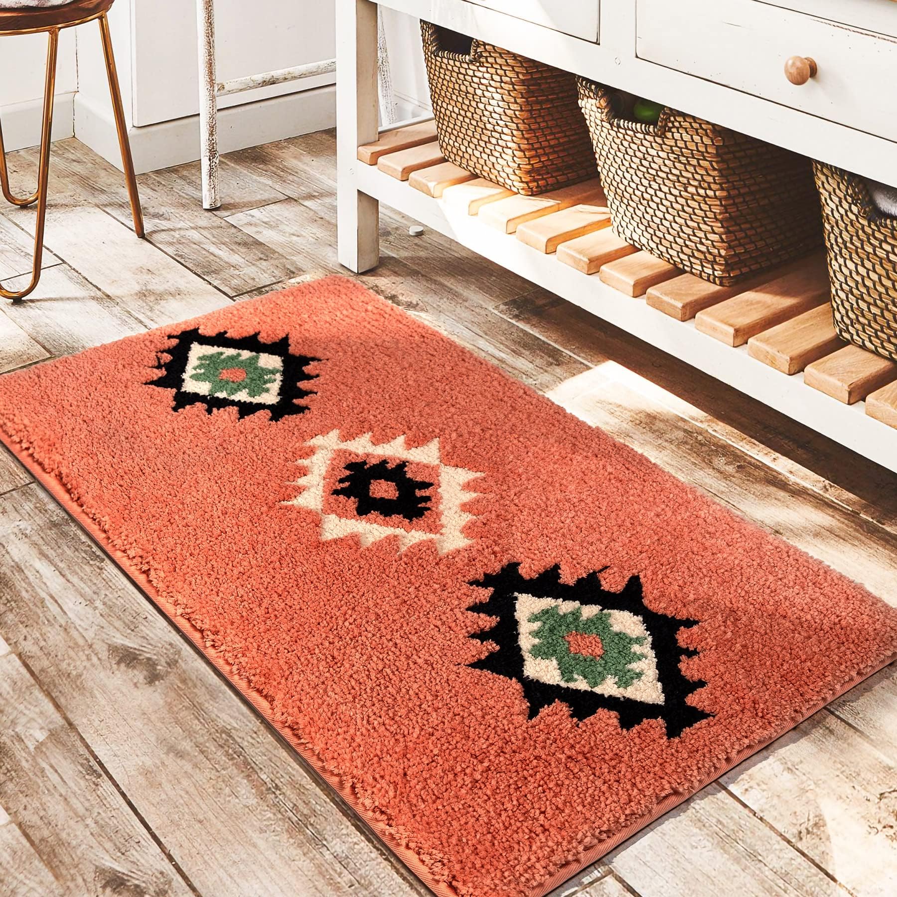DEXDE Boho Bathroom Rugs Coral Red Bath Mat Non Slip Moroccan Geometric Bath Rug Luxury Soft Absorbent Carpet for Bathroom Shower Kitchen Entryway Farmhouse Decor 20x32
