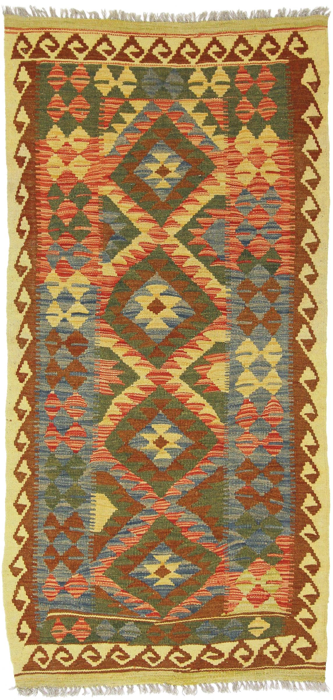 Tapis Kilim afghan fait main 94x196cm en laine d'orient pour couloir chic