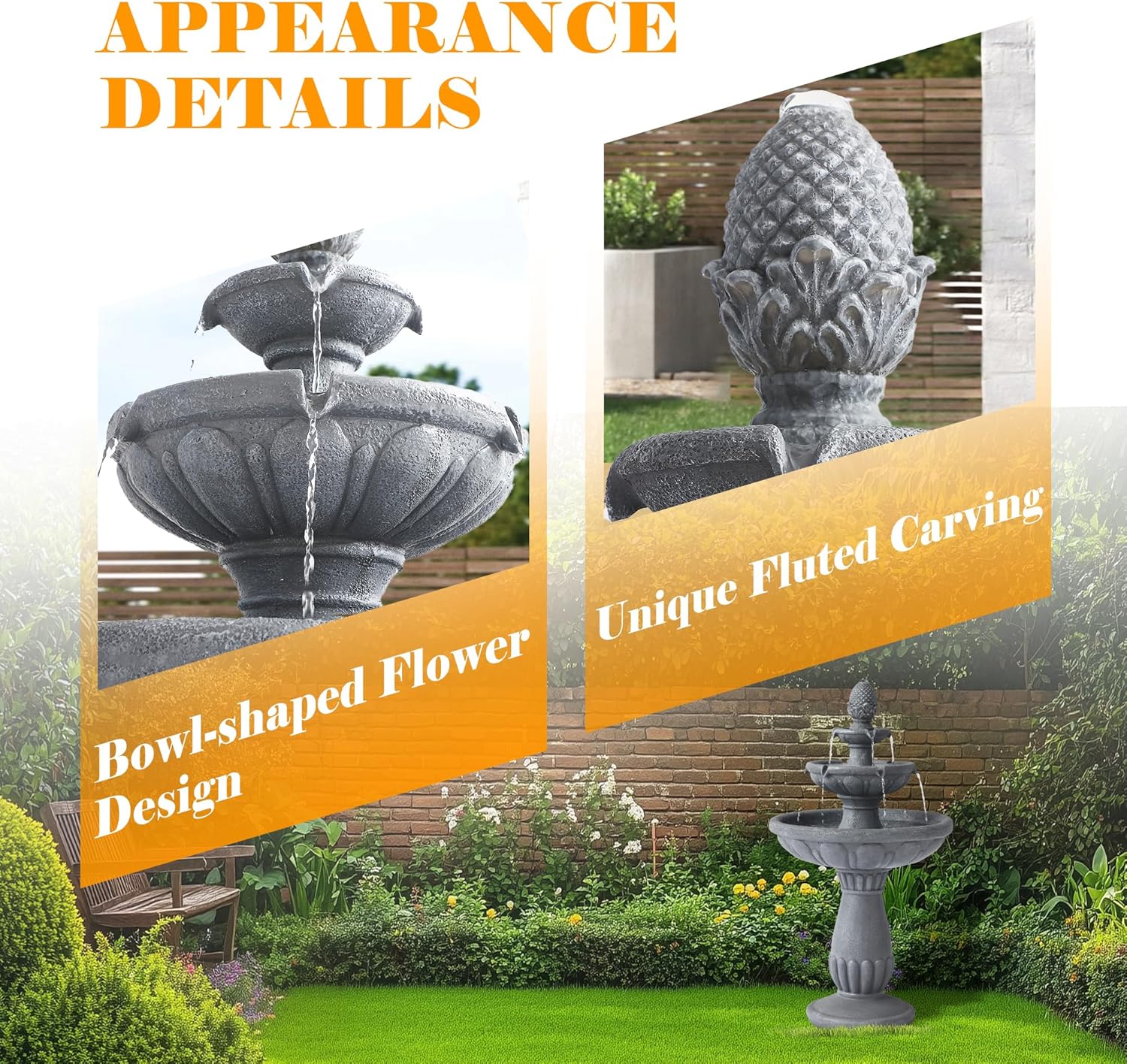 40.6" High Large Italian Outdoor Water Fountain, 3-Tier Standing Bubbler Waterfalls Fountain with Pineapple Top and Roman Pillar, Resin Garden Water Fountains for Bird Bath Patio Yard Deck