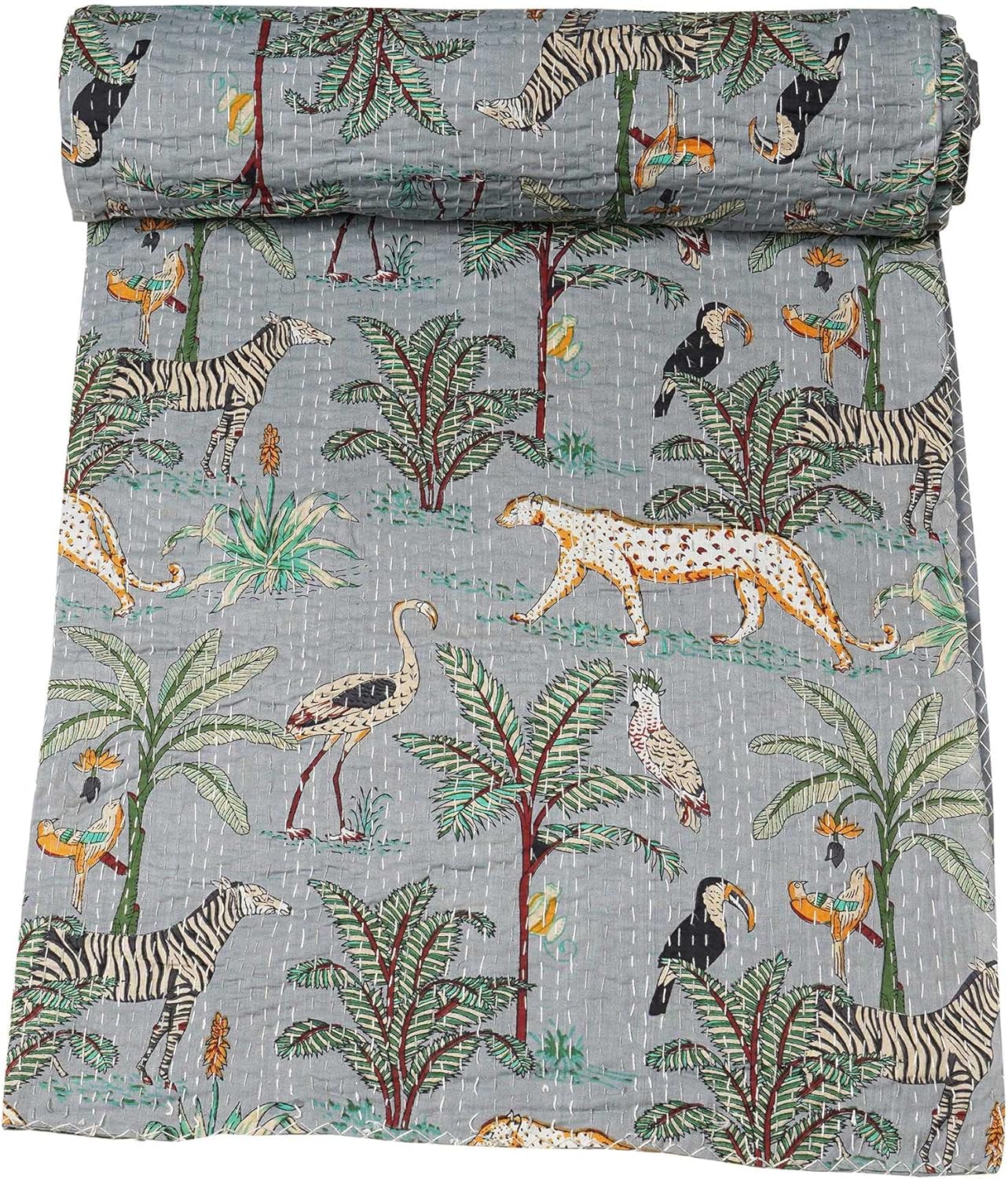 Marubhumi Quilts Handmade Traditional Pure Cotton Jungle Print Kantha Quilt, Animal Printed Bed Cover Reversible, Comforter, Grey - King (108 x 108 Inches)