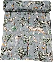 Vista 15 de Marubhumi Edredón tradicional indio de algodón puro con estampado de selva Kantha, colcha Kantha con estampado de animales, multicolor
