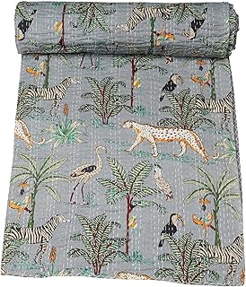 Marubhumi Indian Traditional Pure Cotton Jungle Print Kantha Quilt, Bed Cover Throw Animal Printed Kantha Quilts Multi Color (Gray, Twin (60"x 90"))