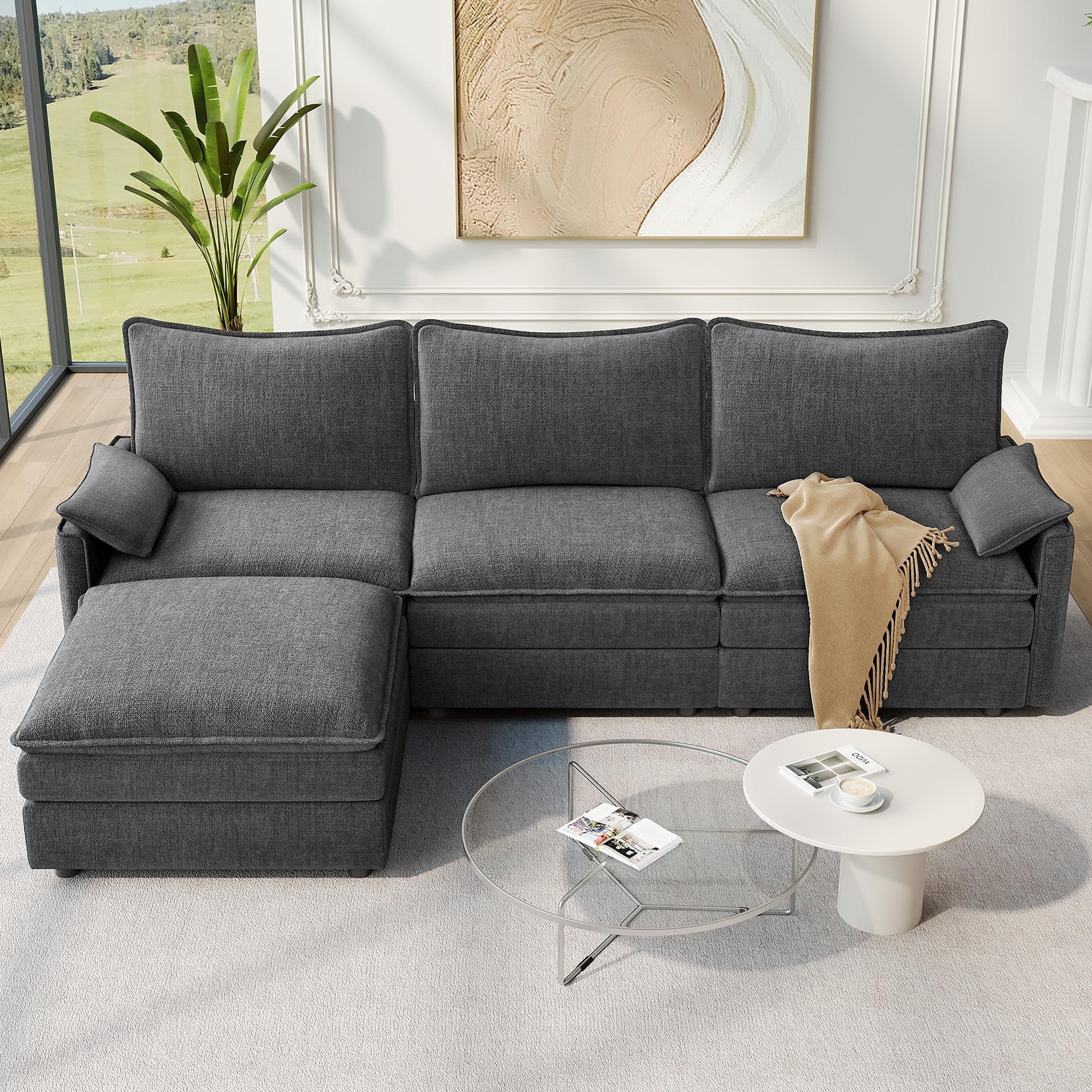 Comfy Cloud Couch with Movable Ottoman Deep Seat Chenille L Shaped Modular Sofa,108" Modular Sectional Sofa, Sectional Couches for Living Room, Bedroom and Apartment (Grey)