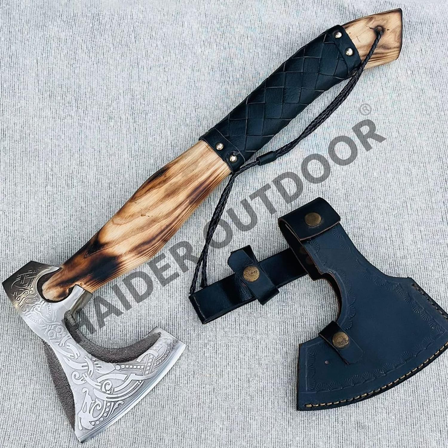 | Custom Hand Forged Viking Bearded Hatchet Etching Steel Throwing Tomahawk Hunting Axe Handle made Ash Wood with Black Leather Wrapped | Battle Axe | Viking Axe | Birthday Gift