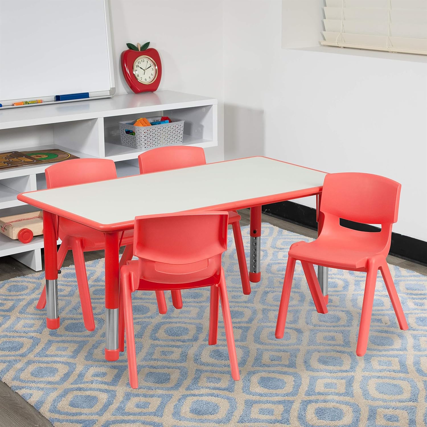 BOWERY HILL Kids Activity Table Set, 4 Stacking Chairs Included, Metal/Plastic, Adjustable Rectangular Table, Gray Top with Red Rounded Edge, 23.5" H x 23.63" W x 47.25" D, Ideal for Classroom or