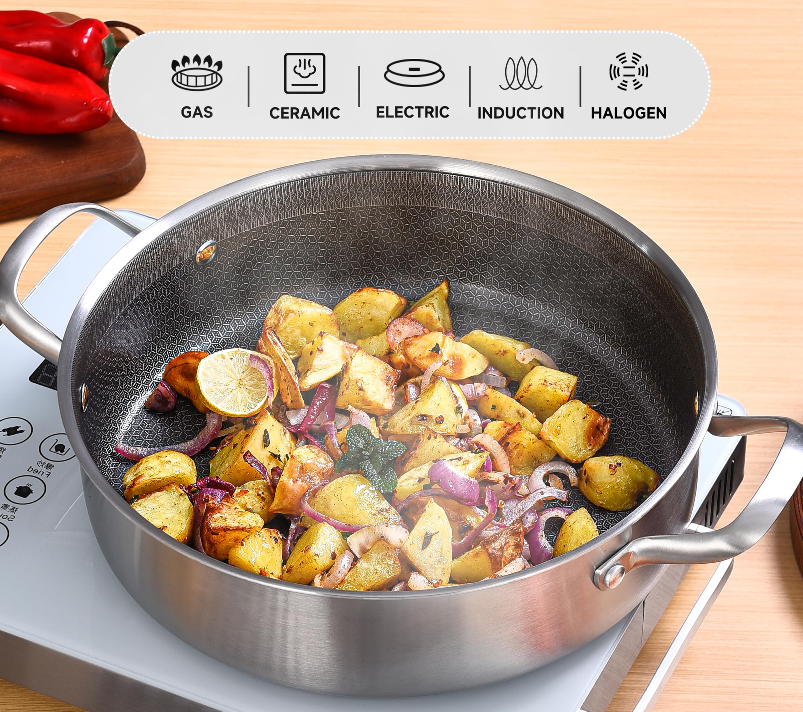 Inqibee Schmorpfanne 26 cm Hoher Rand, Schmortopf mit Deckel 2,5L | Edelstahl 18/8 antihaftbeschichtet, Pfanne Induktion, Servierpfanne für alle Herdarten geeignet, backofengeeignet