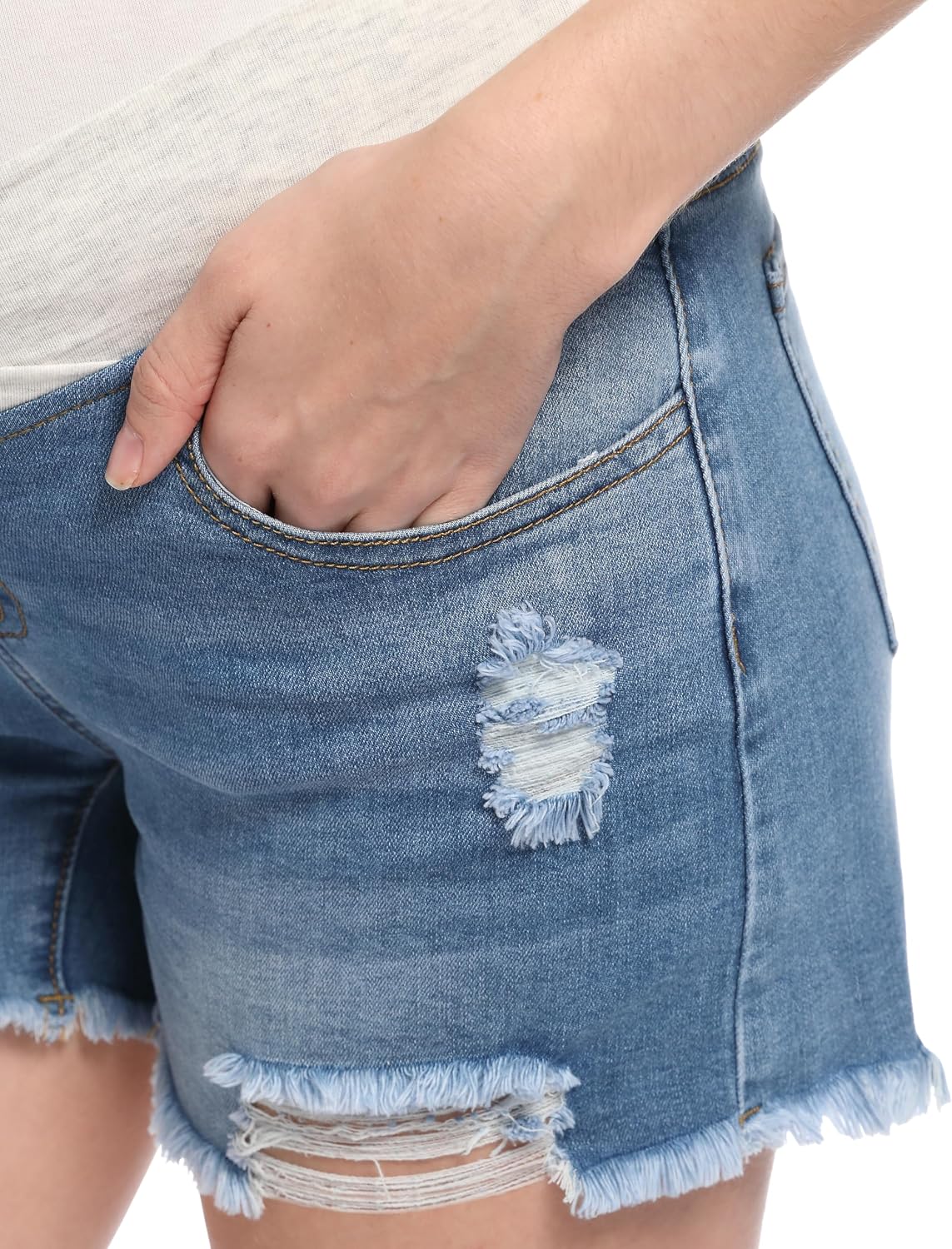 Maternity Jean Shorts for Women V-Shape Low Waist Ripped Stretchy Comfy Soft Summer Denim Short Pants