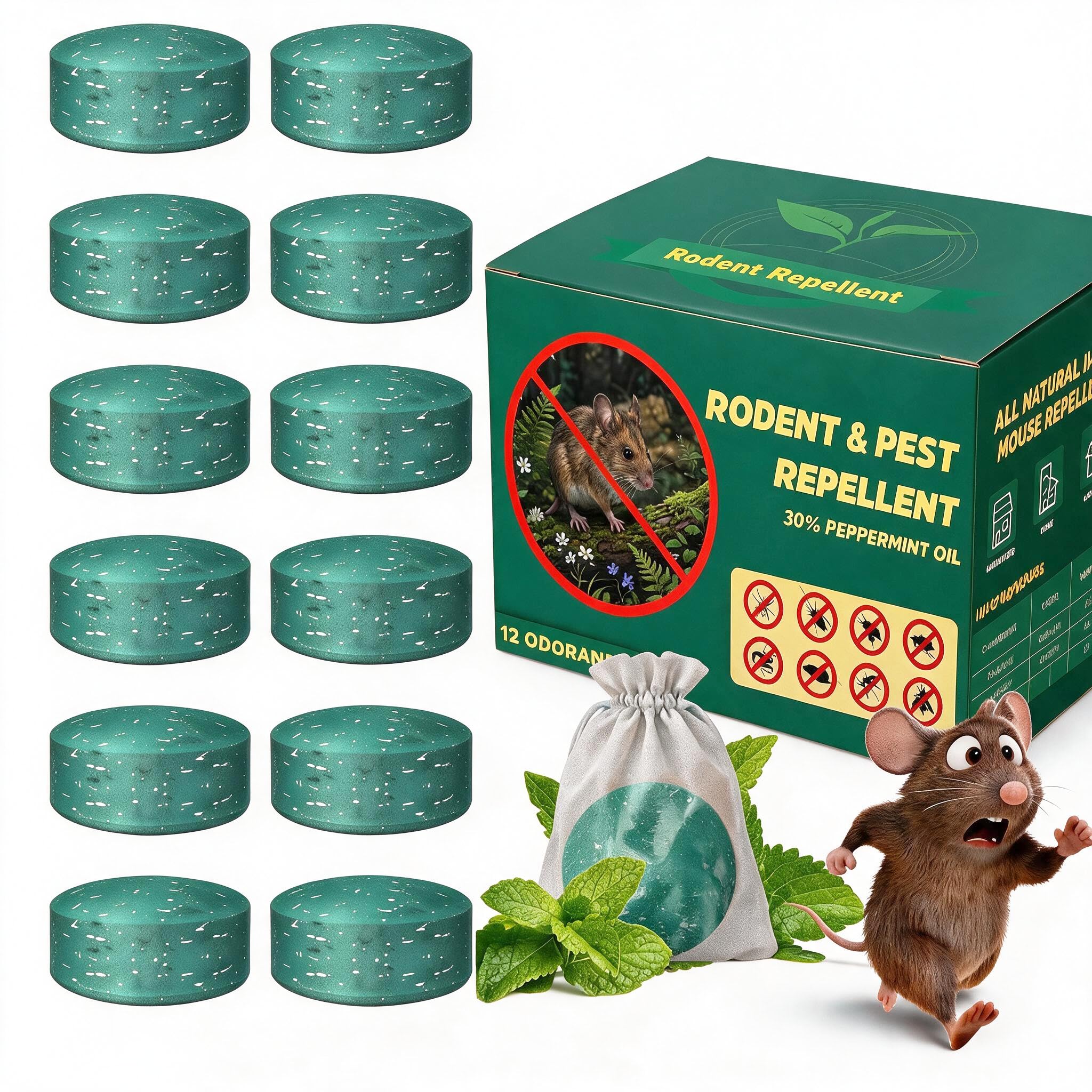 Squirrel & Rat Repellent Balls Peppermint Oil 12 Pack, Natural Rodent Traps, Long Lasting Mouse Repellent for Indoor & Outdoor Use, Strong Pest Control (Yellow) (Green)
