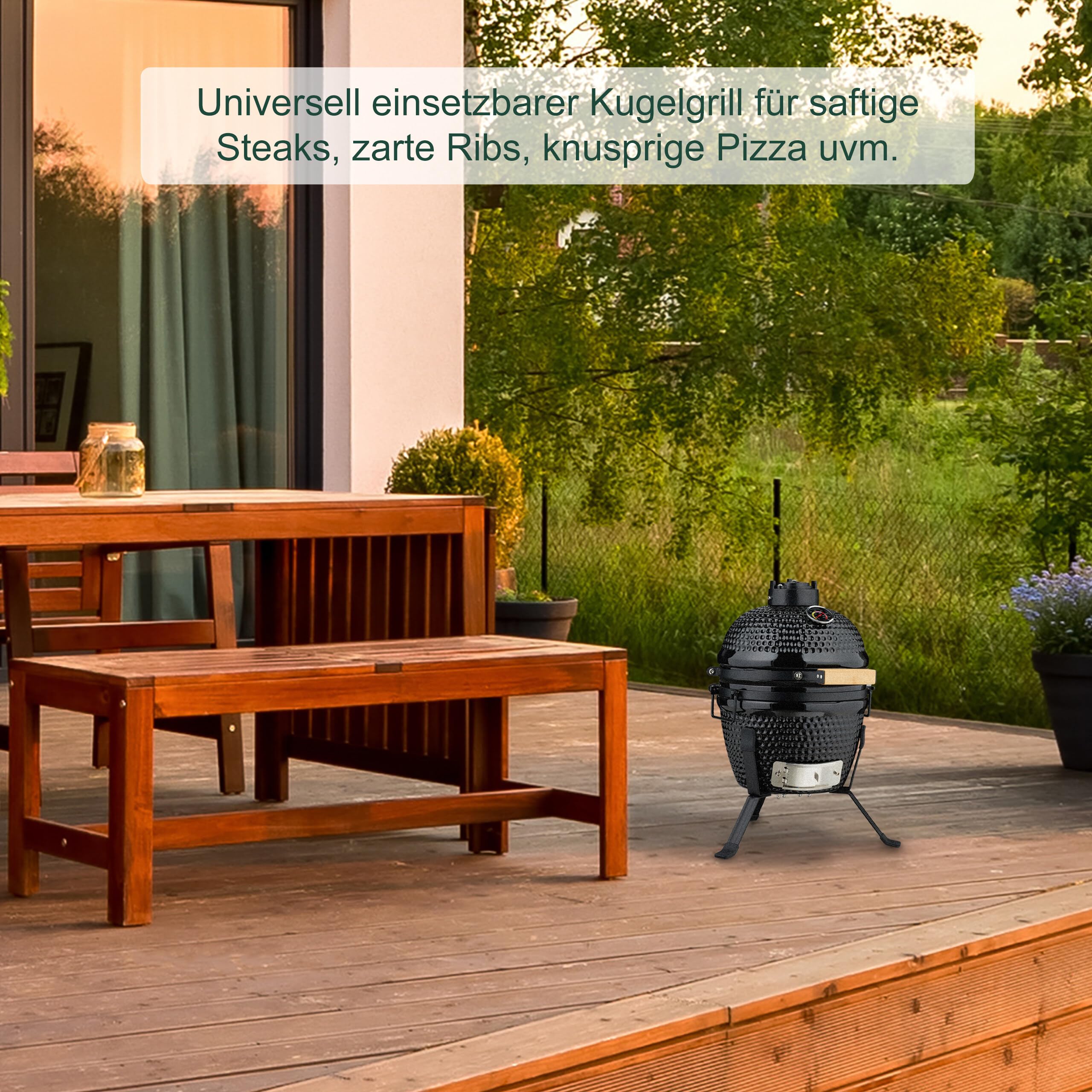 Relaxdays Kamado Grill, Ø 32 cm, Keramikgrill mit Thermometer bis 450 °C, BBQ, Grillen, Kochen & Backen, Smoker, schwarz